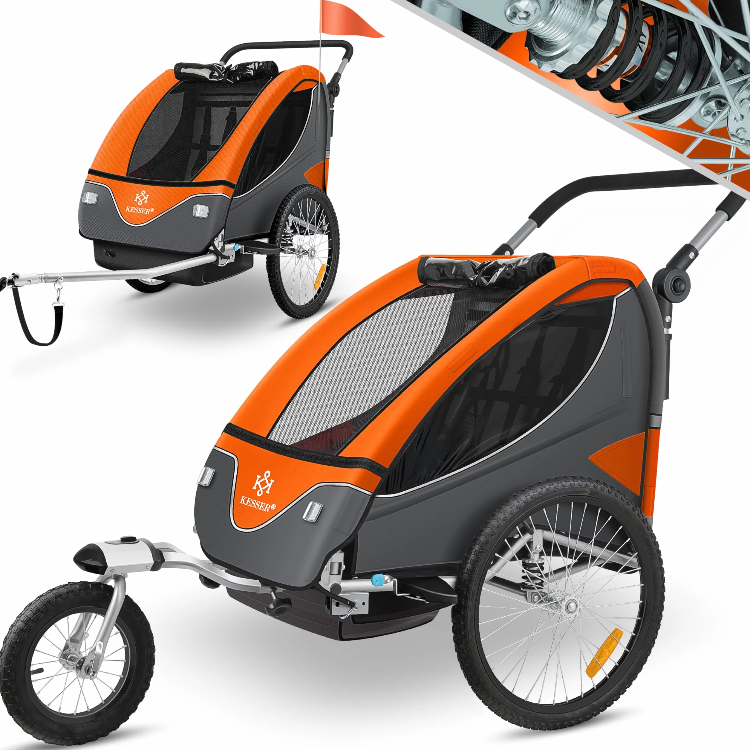 KESSER Remorque de vélo pour enfant pivotante 360° avec suspension 2 en 1, charge max 40 kg