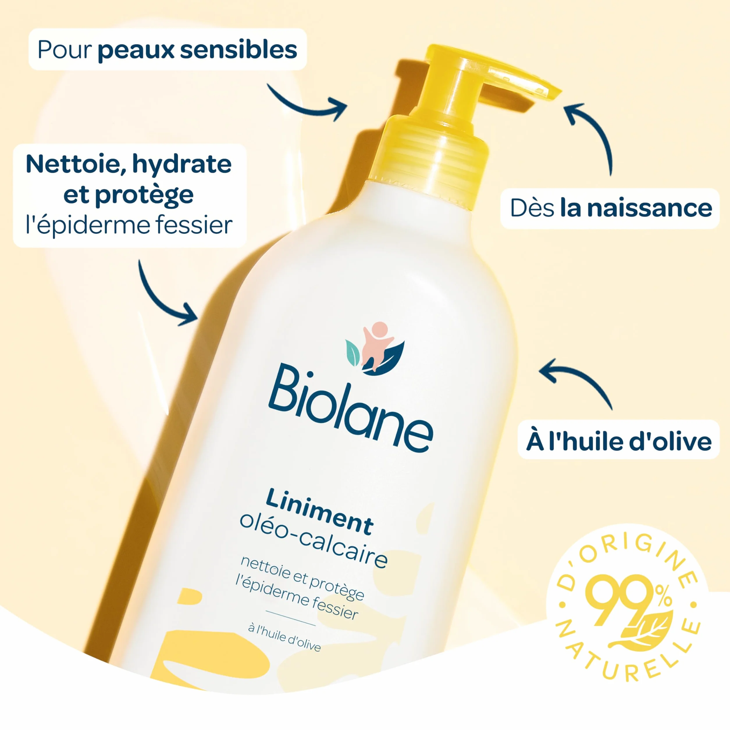 BIOLANE Liniment oleo calcaire Bébé Nettoyant sans rinçage 99% Origine naturelle Peaux Sensibles 700ml Fabriqué en France