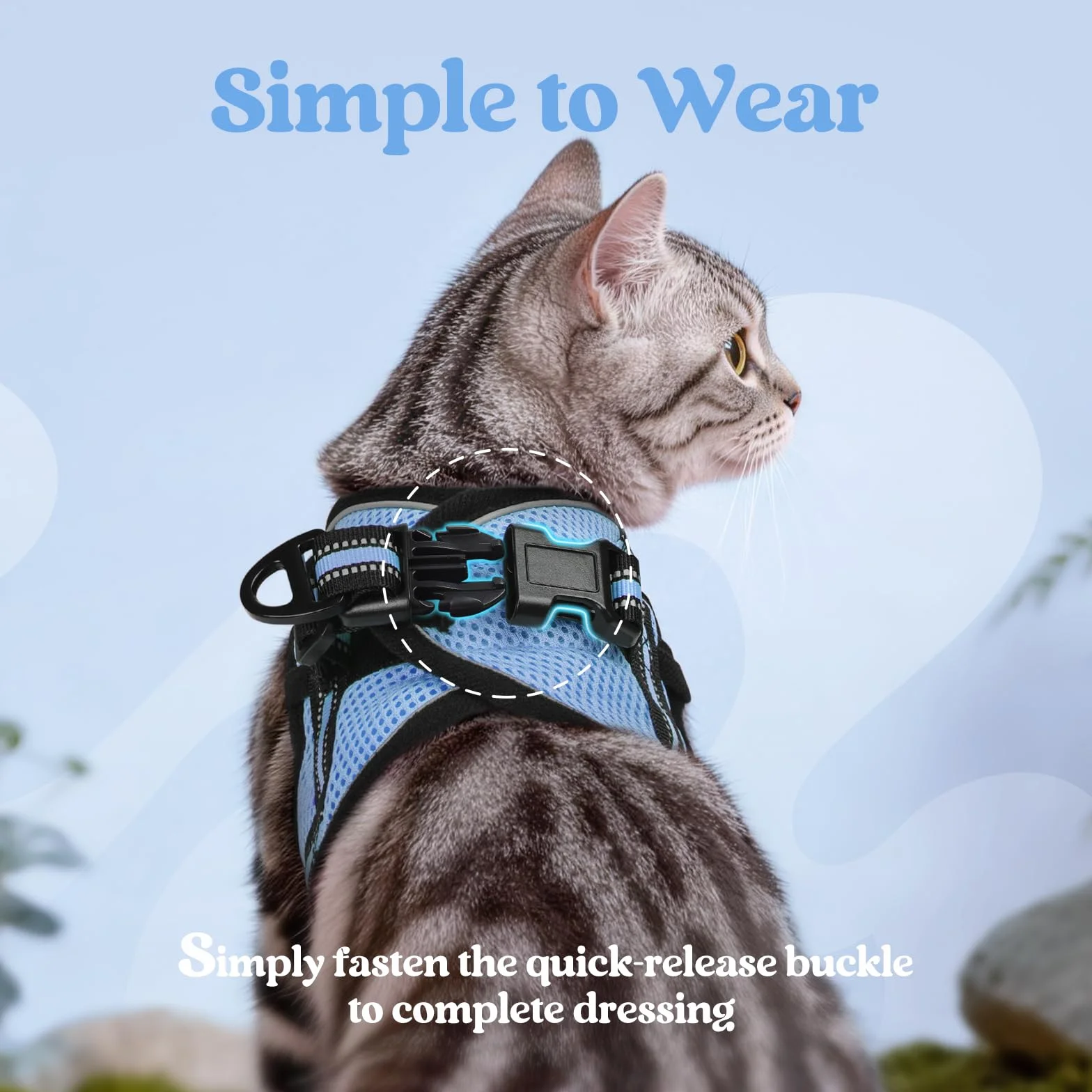 Rabbitgoo Harnais Chat avec Laisse, Gilet Réglable Respirant Bande Réfléchissante pour Persan Ragdoll American Shorthair Bleu Clair