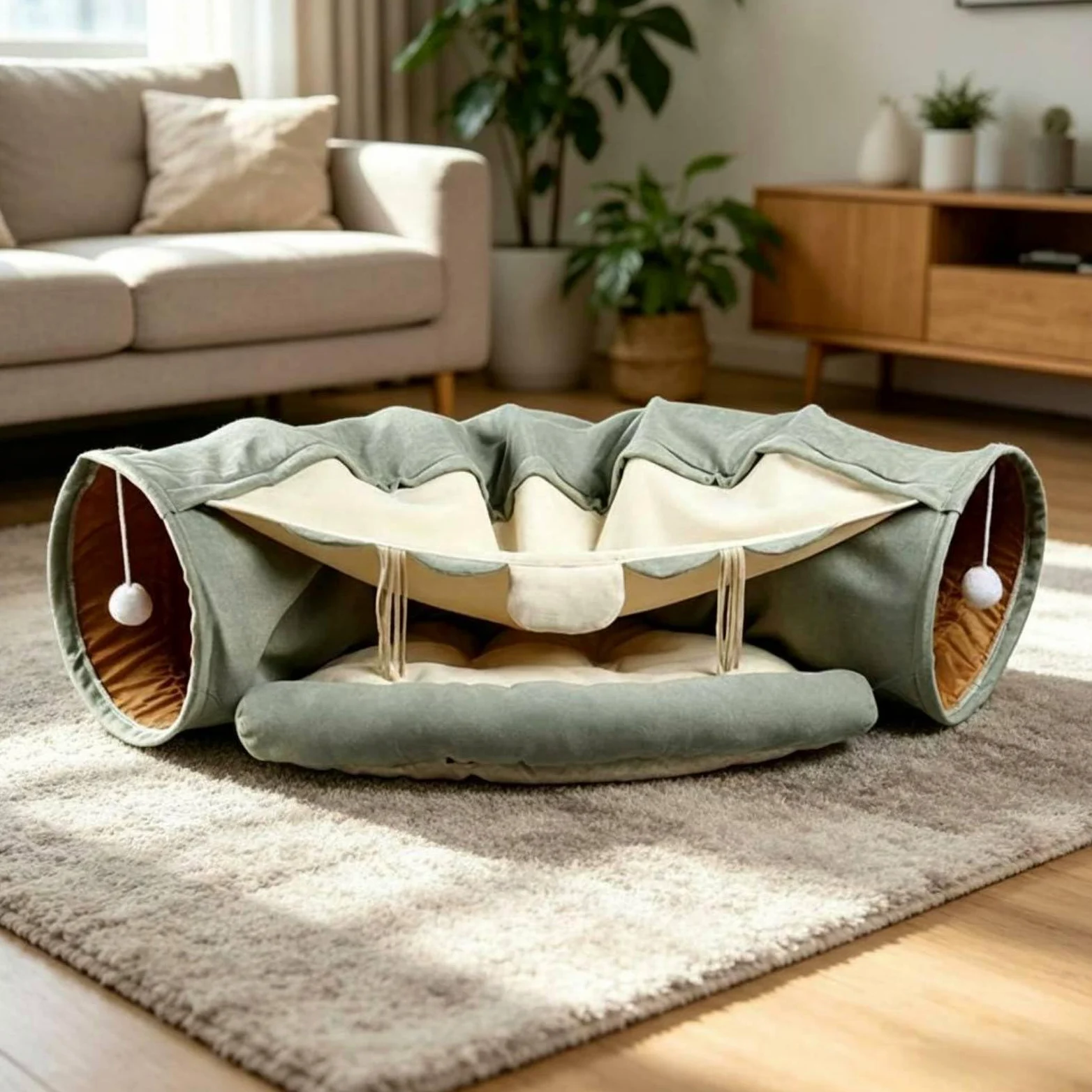 Tunnel pour en 1 Couchage et Jouet avec Dossier Moelleux Passage Superposé Bruissement Stimulant Franges Suspendues Polyester Adapté aux Félins