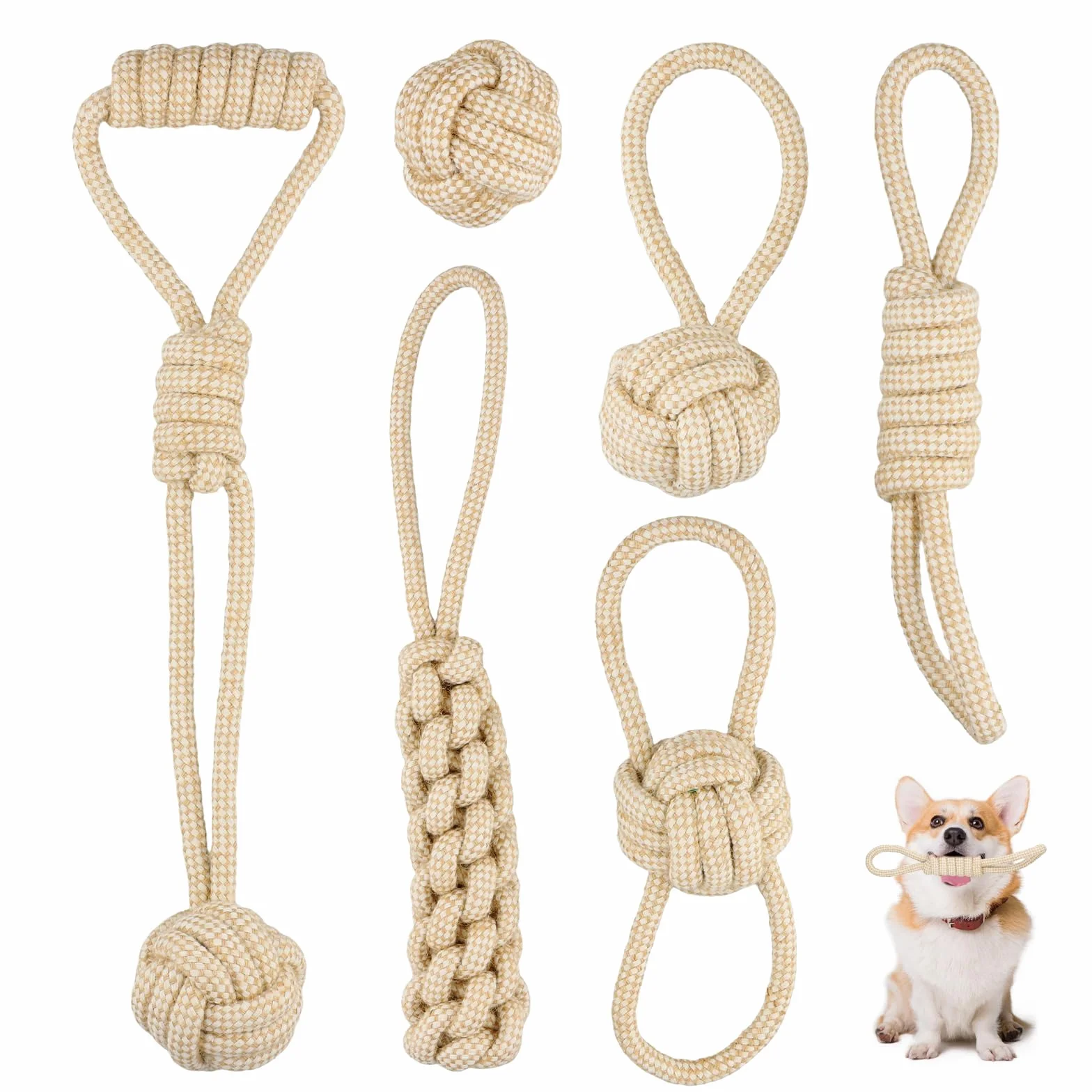 Lot de 6 Jouets Chien en Corde avec Balle à Nœuds Indestructible à Mâcher