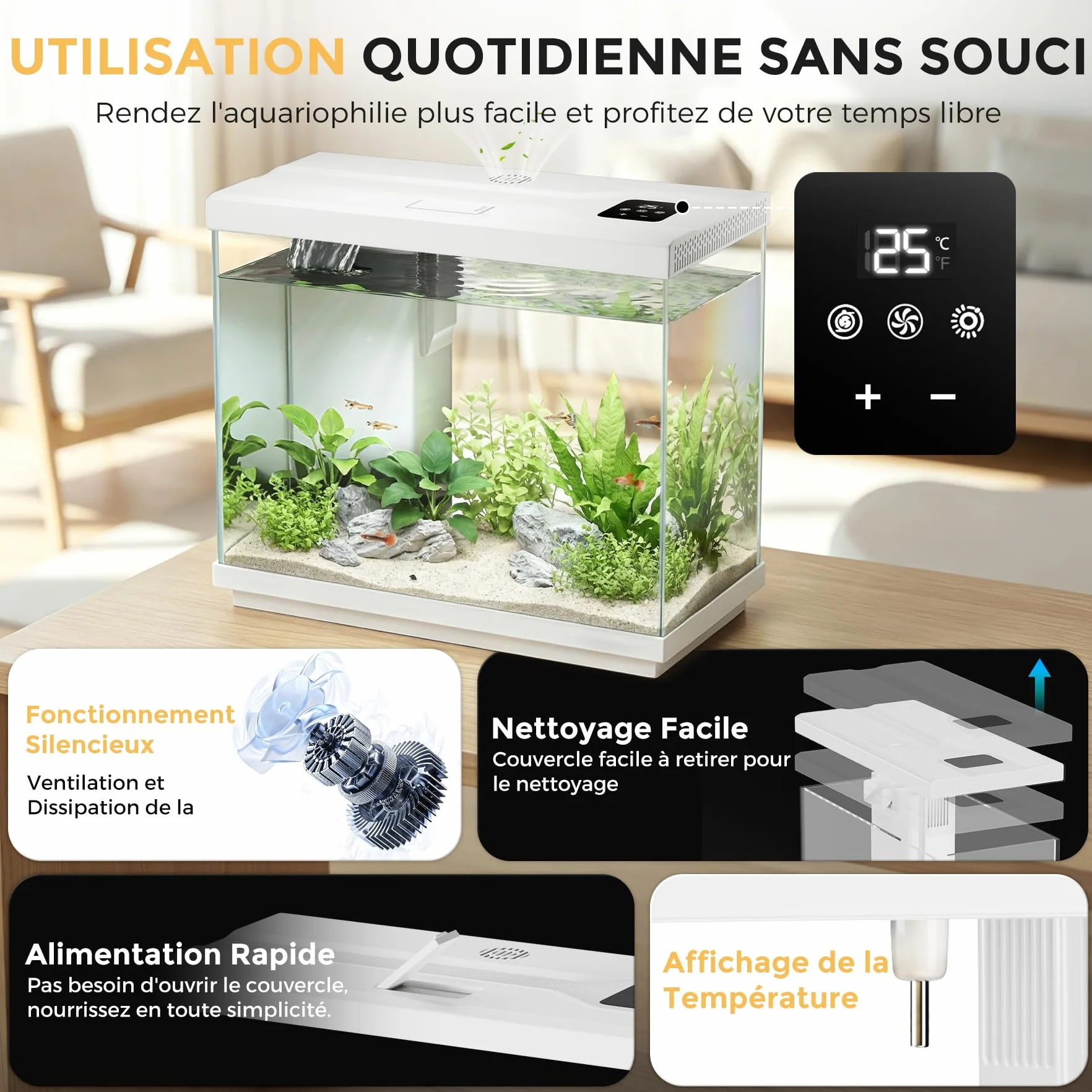 Petit Aquarium 8,3 L pour Combattant avec Filtre 4 en 1 et Pompe silencieuse, éclairage LED 8 Couleurs réglable
