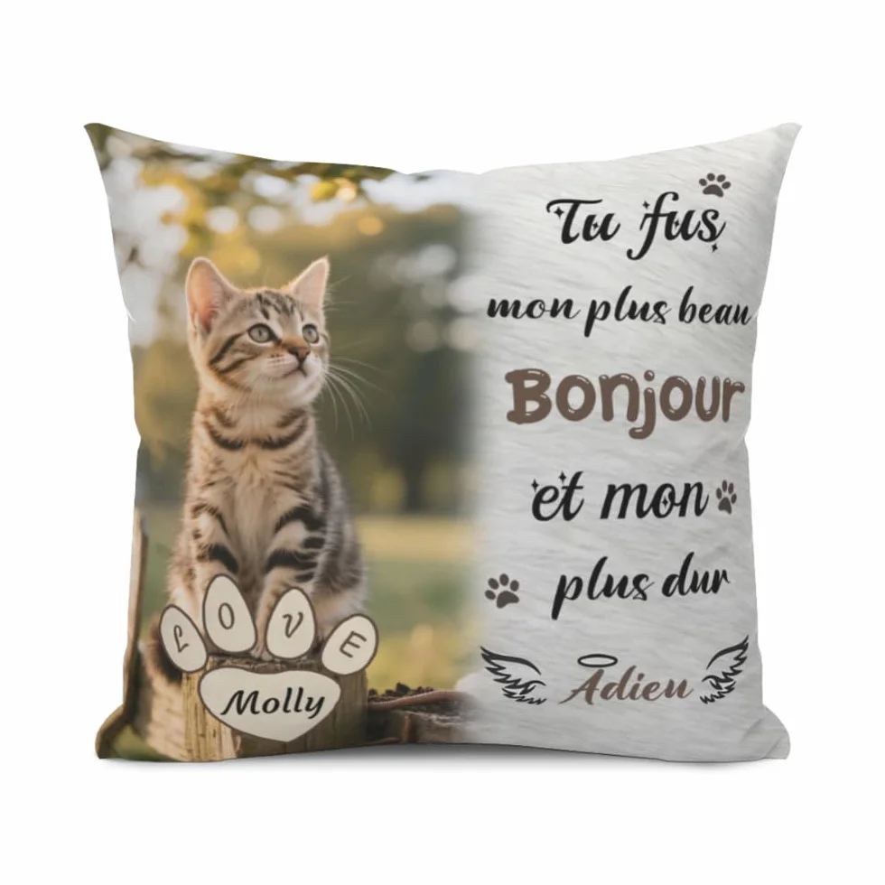 Coussin Chat Personnalisé Photo et Nom Impression Recto Verso Souvenir Commémoratif Cadeau Réconfortant Perte Animal