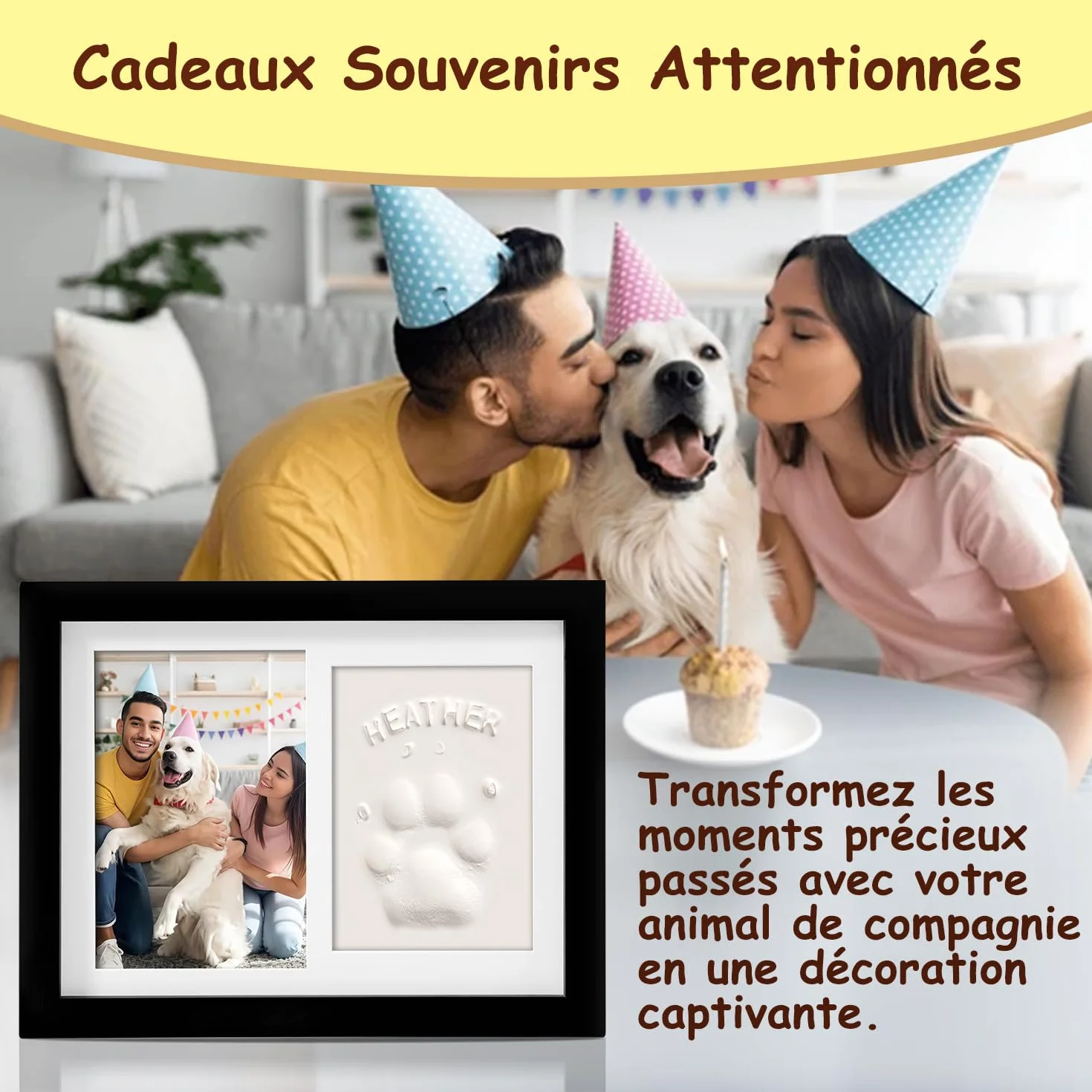 Cadre Photo Empreinte Chien Chat avec Kit d'Impression Argile, Souvenir 6x4 - Noir