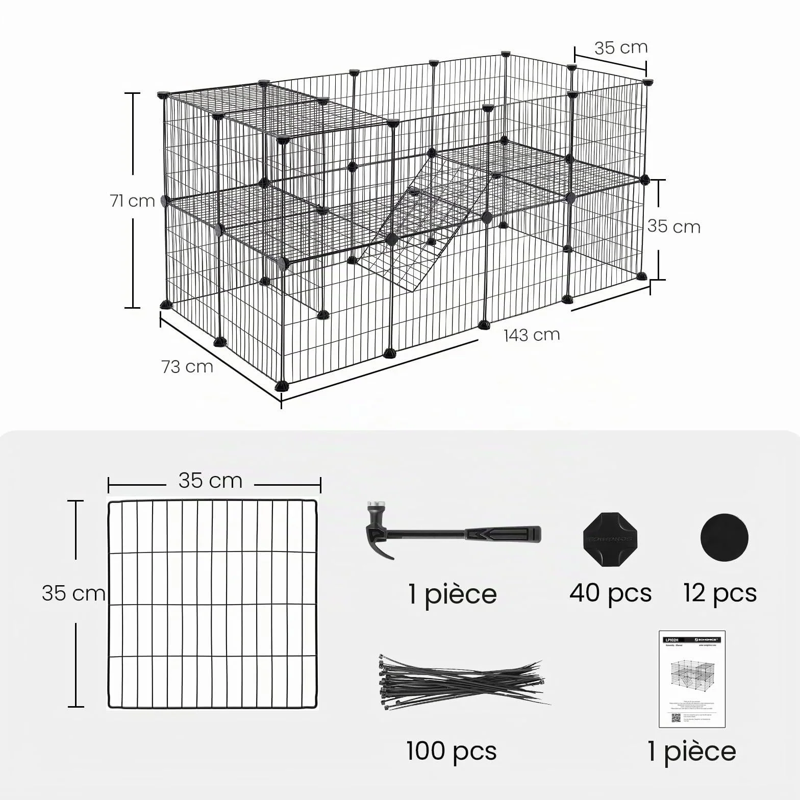 SONGMICS Enclos Modulable pour Animaux Domestiques, 2 Niveaux, 143 x 73 x 71 cm, Noir LPI02H