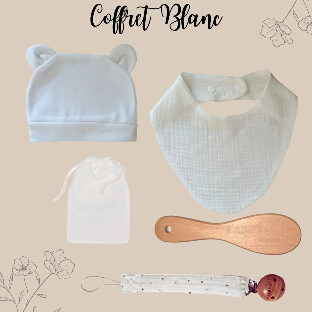 Coffret Naissance Bébé Mixte Personnalisable Kit Nouveau-né Blanc Coton 10x15cm Attache Tétine Bavoir Bonnet Brosse Poils Naturels