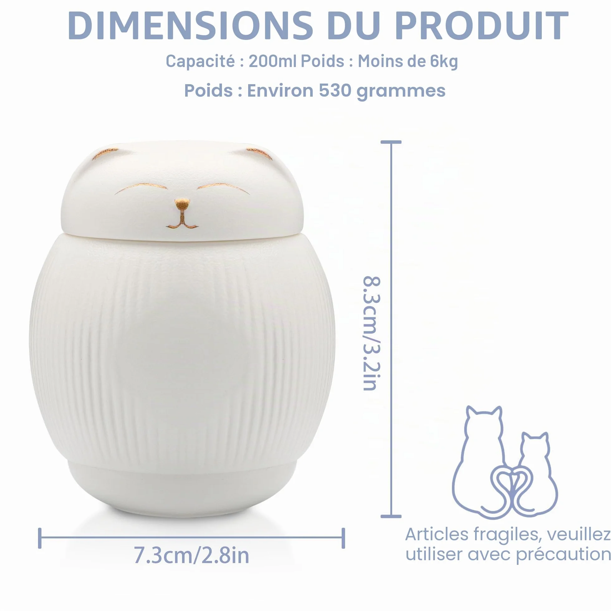 Urne en céramique pour chat, Urne pour animaux, Boîte commémorative, Urne pour cendres blanc (4 kg)