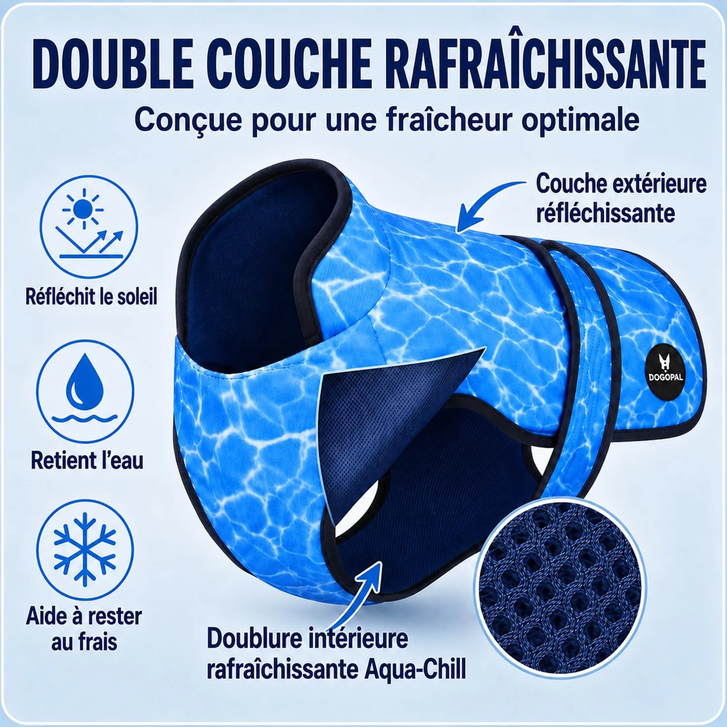 DOGOPAL Gilet Rafraîchissant pour Chien Activé par l'Eau, Veste Réfrigérante avec Protection UV, Manteau d'Été Léger et Respirant à Col Haut (Bleu, XXL)