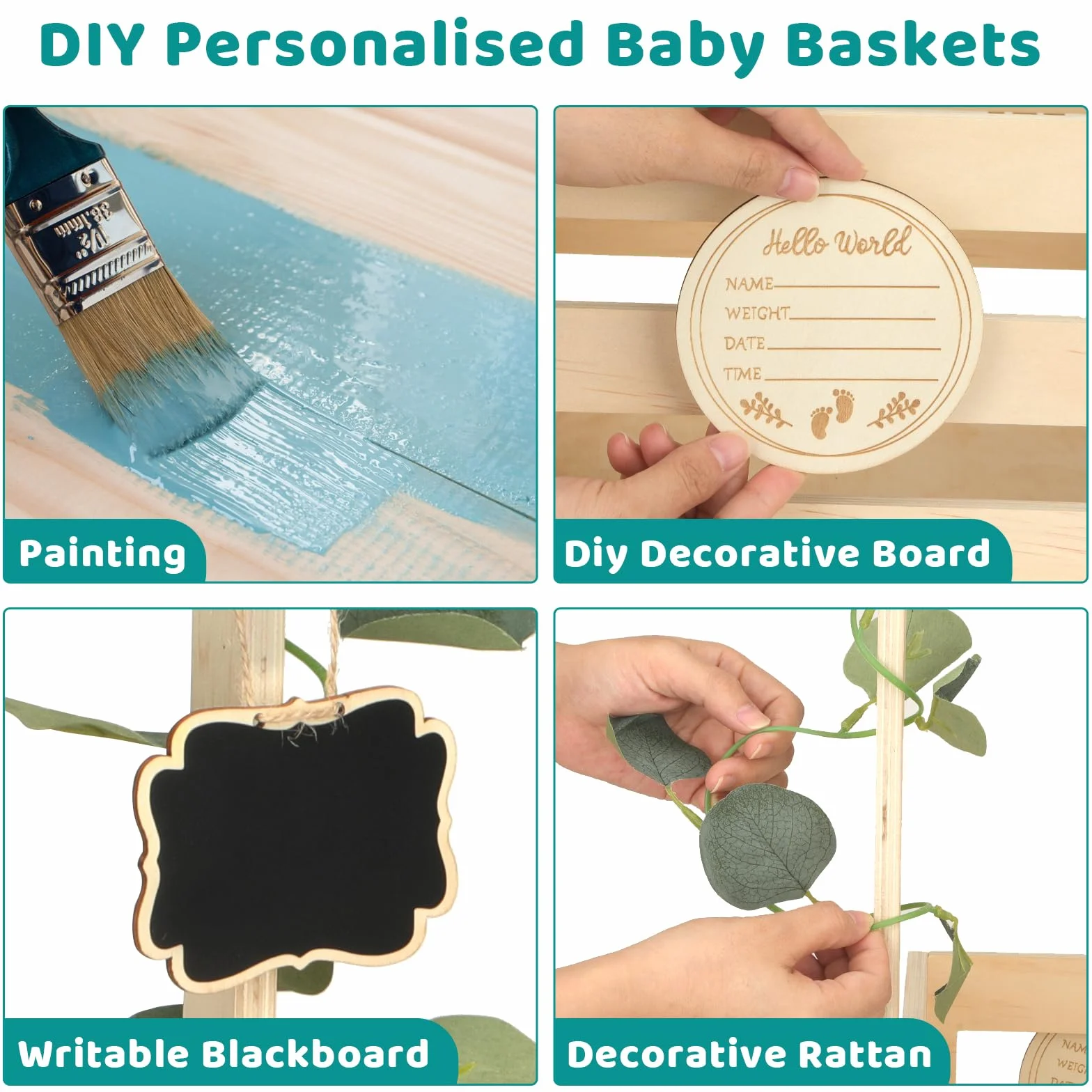 Panier Cadeau En Bois avec Poignée, Rangement Bébé 6 Cintres, Caisse en Bois Baby Shower