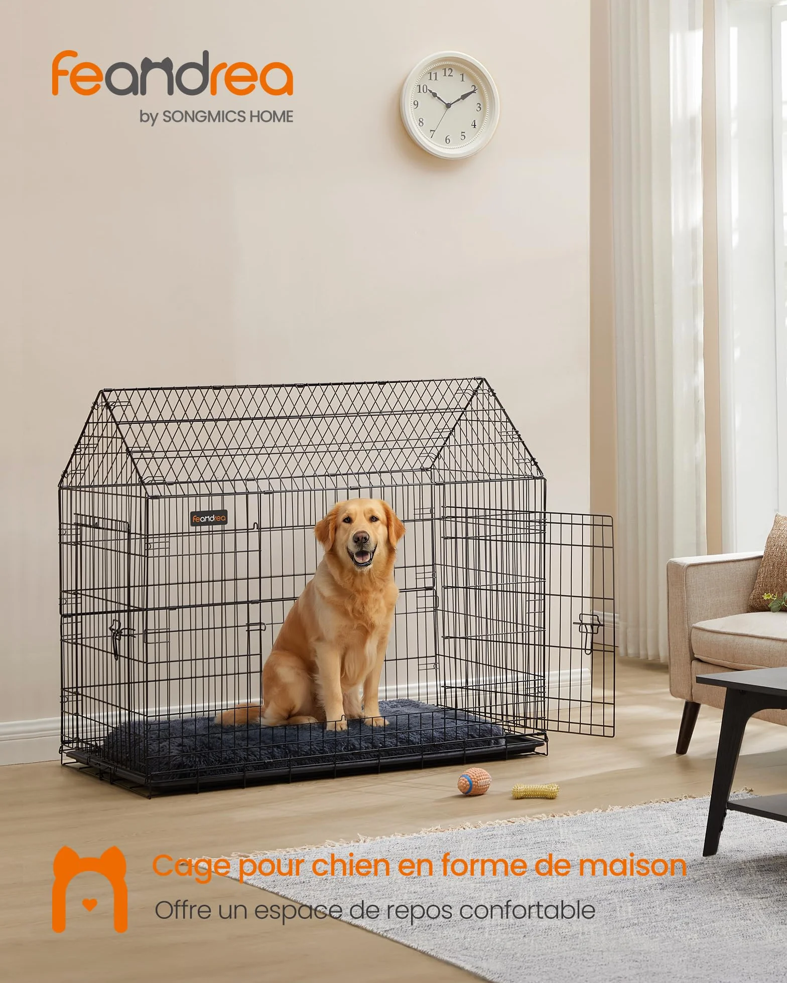 Feandrea Cage pour Chien Pliable, 120 x 72.5 x 109 cm, Métal, XXL, Double Porte, Noir d'encre
