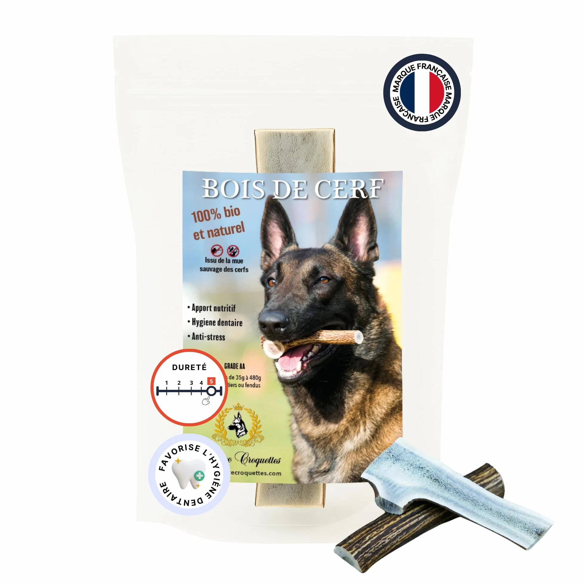 Bois de Cerf S Fendu 25-30g pour Chien Moins de 10 kg, Friandise Naturelle à Mâcher