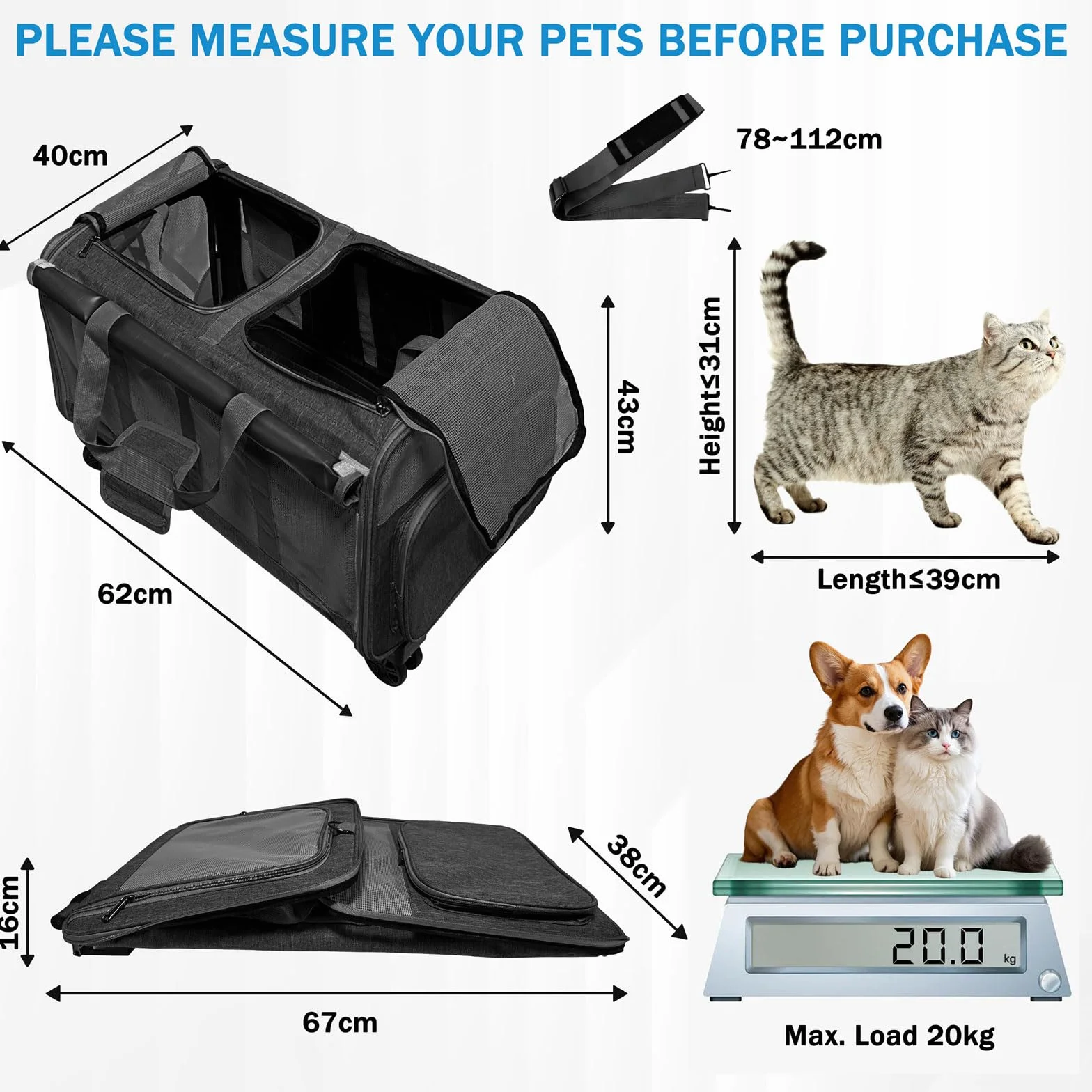 Sac de Transport pour 2 Chats/Chiens, 2 Compartiments, 4 Roulettes, Poignée Télescopique, Pliable, Noir