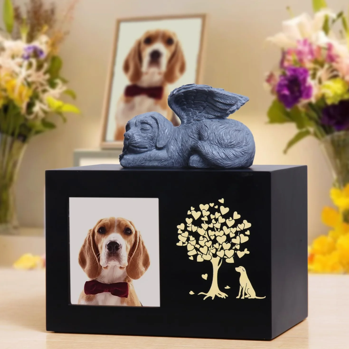 Urne funéraire en bois XLarge pour chien avec cadre photo et doublure flanelle noire