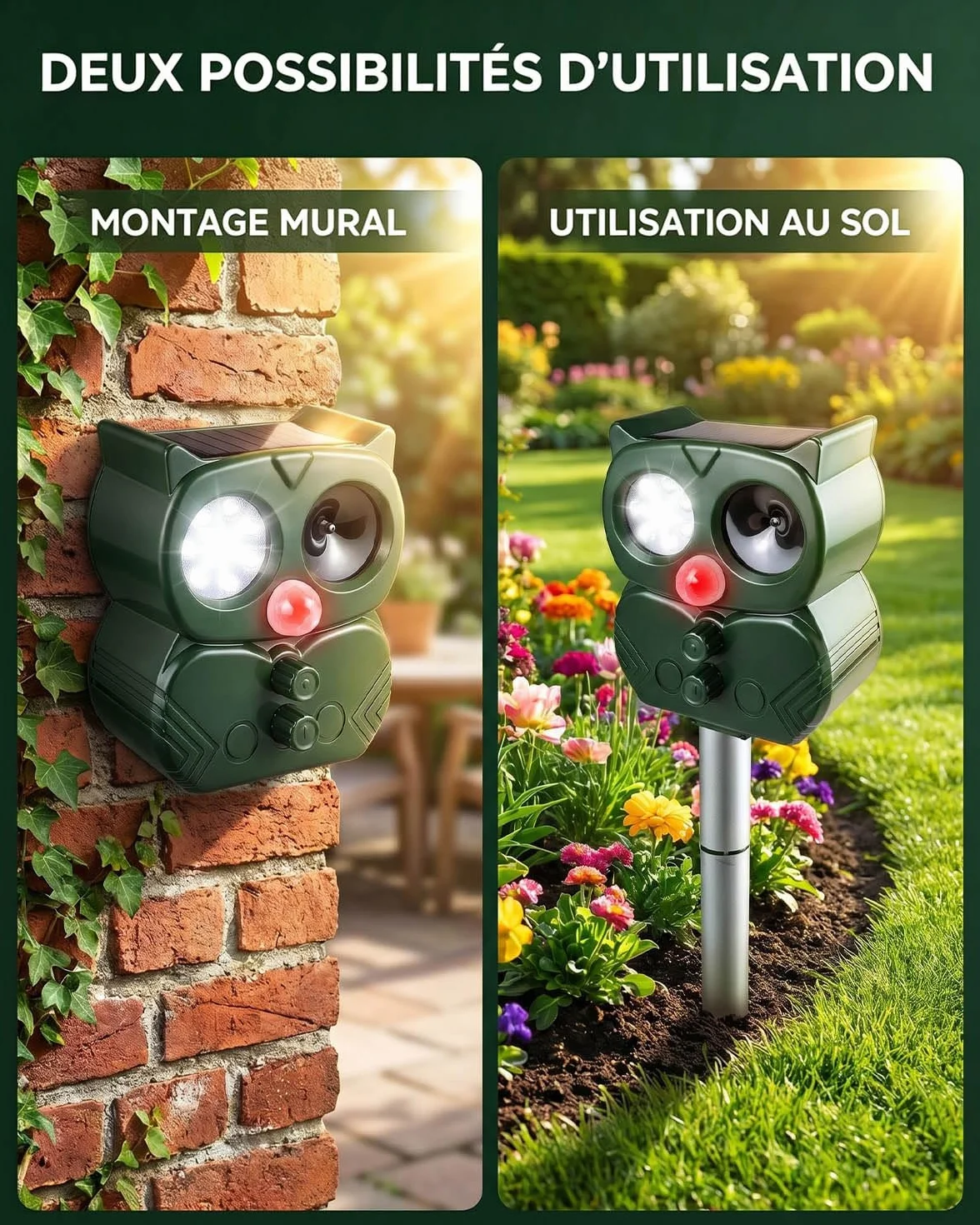 Répulsif Chat Extérieur Ultrason Solaire & USB, 5 Modes Réglables, IP65 Étanche pour Jardin Terrasse