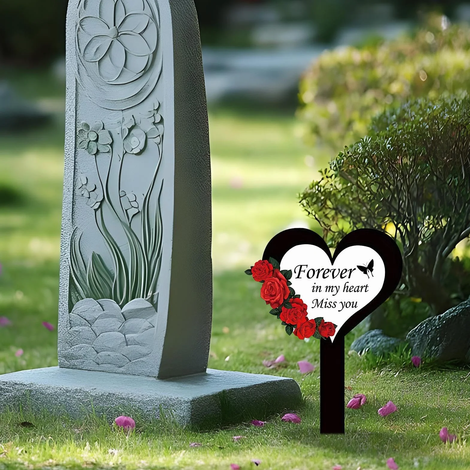 Piquet en Acrylique 2D pour pelouse de cimetière | Forme de cœur et de Croix | Marqueurs funéraires extérieur