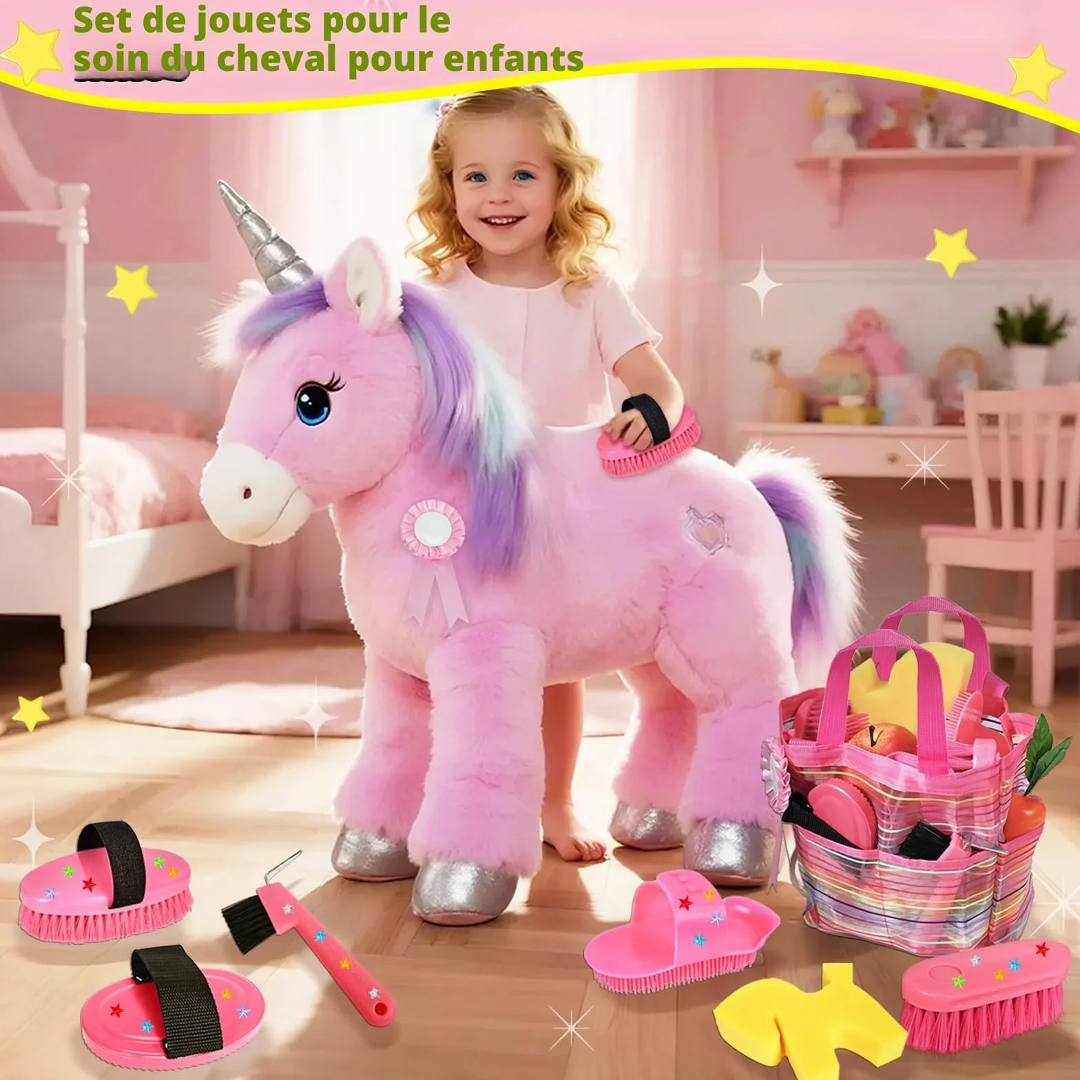 Magic Brush Hobby Horse Accessoires pour enfants - Boîte de nettoyage pour chevaux - Jouet rose avec sac
