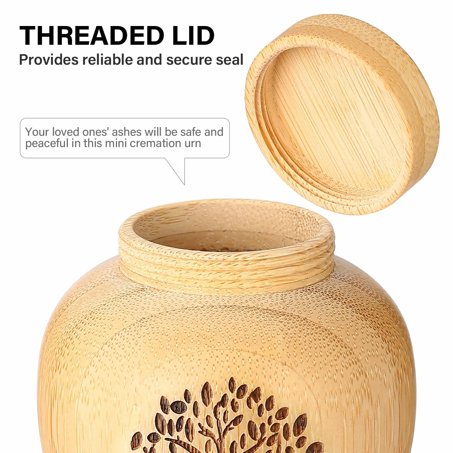 Urne funéraire en Bambou avec Motif Arbre de Vie gravé pour Cendres humaines et Animaux domestiques 15 cm Cubes