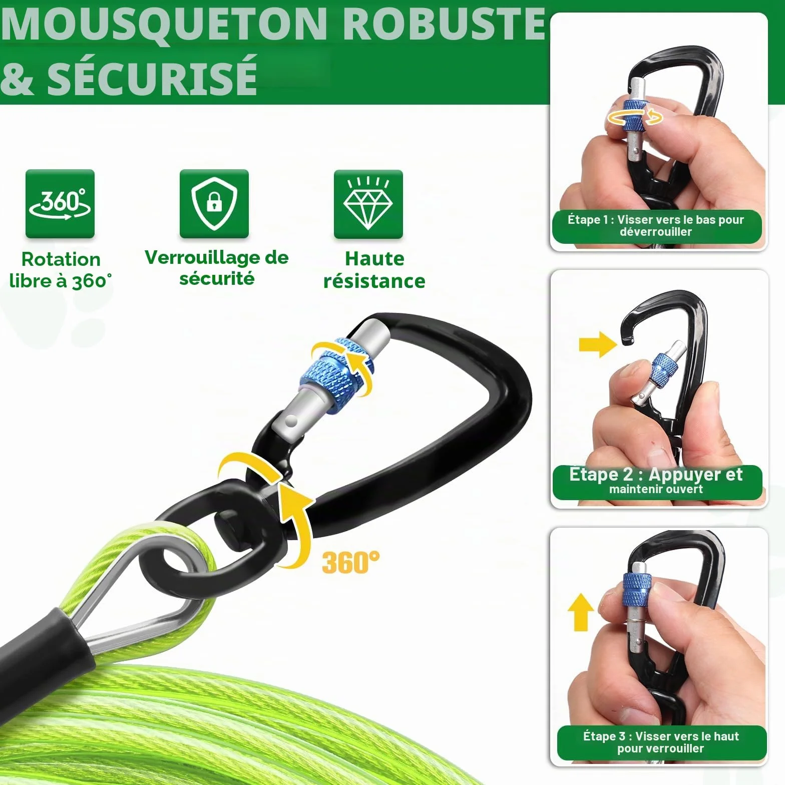 Hofleine Câble industriel en acier inoxydable 9M pour grands chiens avec tampon à ressort laisse extra longue étanche testé TÜV