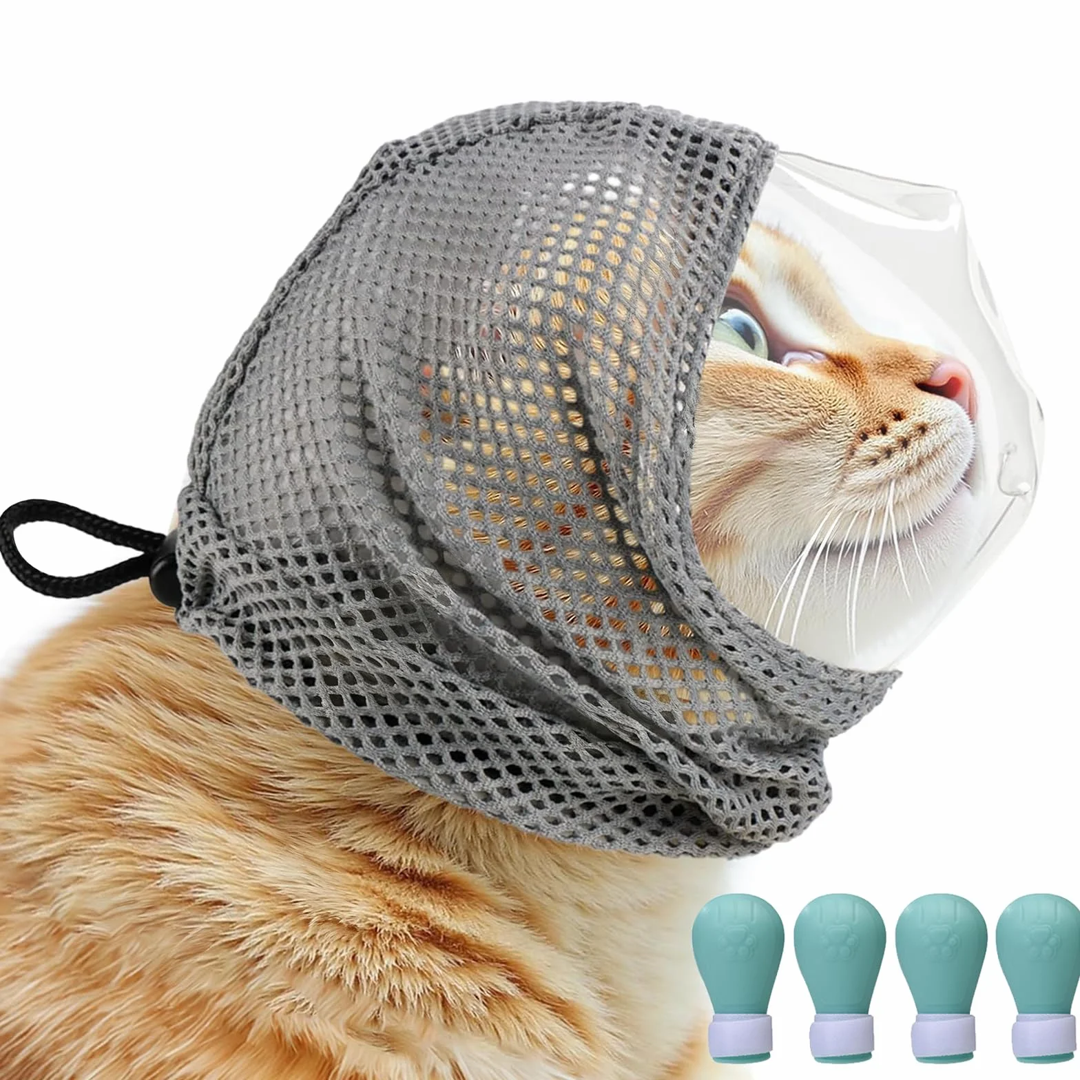 KATELUO Muselière pour Chat Réglable Anti Morsure, 4 Pcs Couvre Griffes et Pattes pour Toilettage Bain