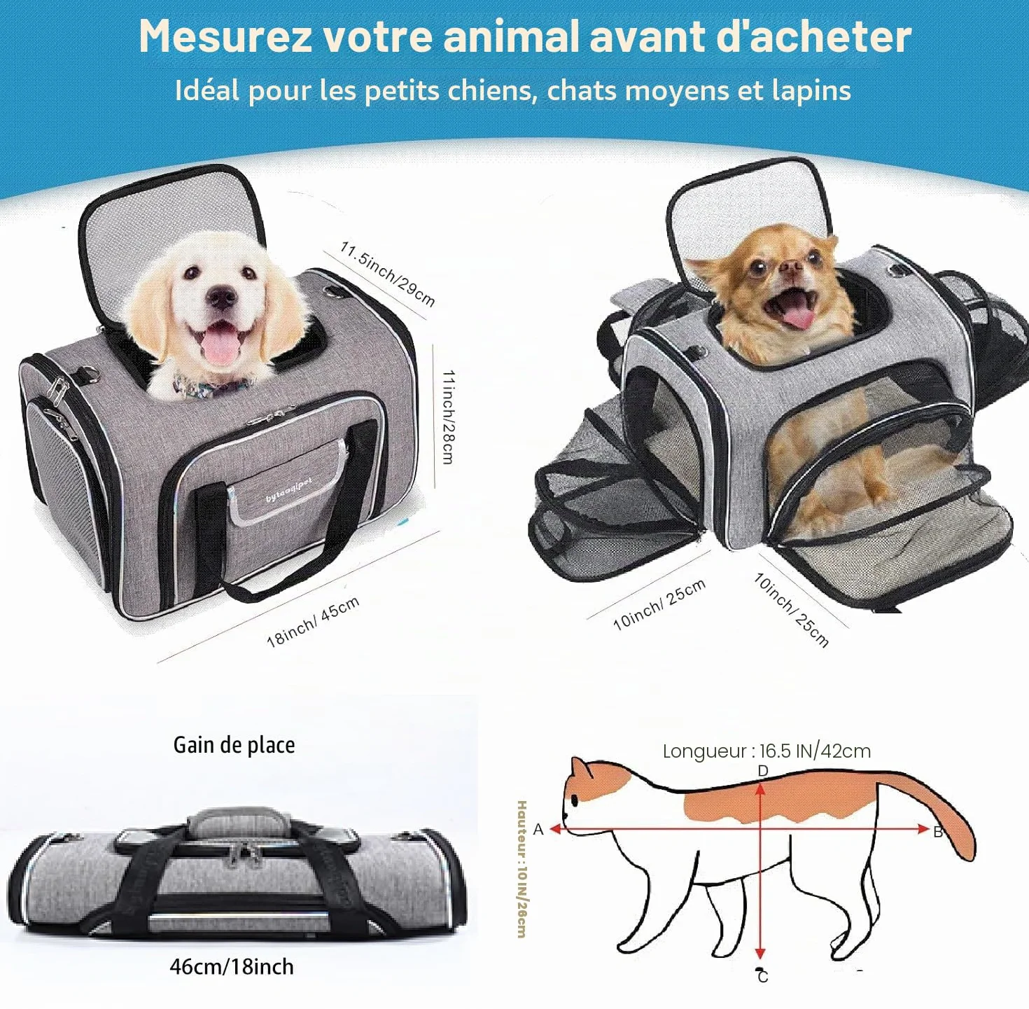 Sac de Transport pour Chat Extensible 4 Côtés, Approuvé Compagnie Aérienne, 45x28x28cm, Pliant