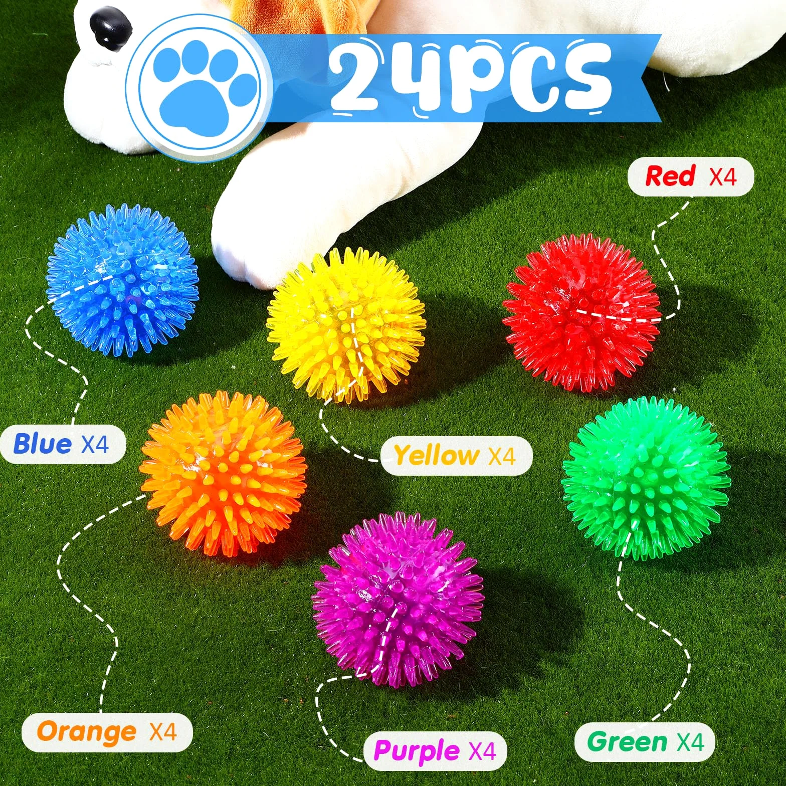 Yunsailing Lot de 24 jouets couineurs pour chien de 6,5 cm - Balles à picots à mâcher pour chiens de petite et moyenne taille - Pour nettoyer les dents et l'entraînement (bleu, vert, orange, violet