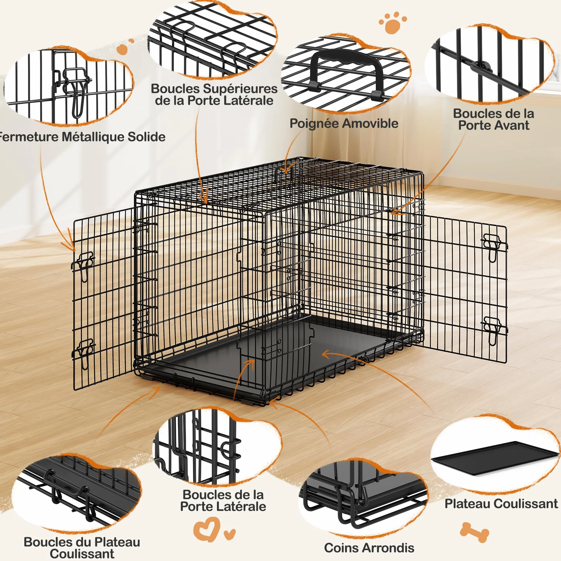 Yaheetech Cage pour Chien Pliable 122x71x78 cm Métal 2 Portes Verrouillables Plateau Amovible