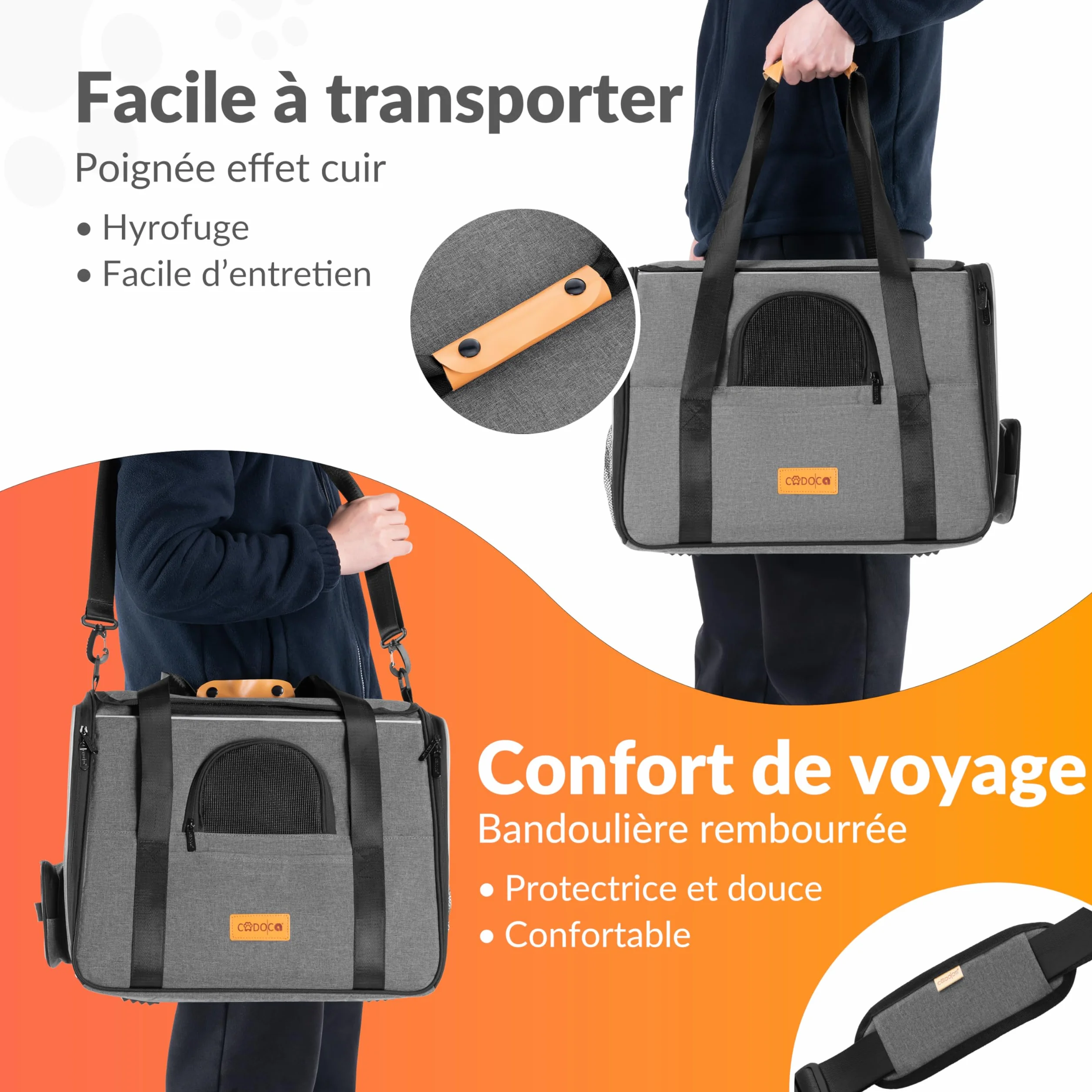 CADOCA® Sac de Transport pour Chat Chien Max. 20kg Gris Pliable avec bandoulière Caisse de Transport Chat Respirant avec gamelle