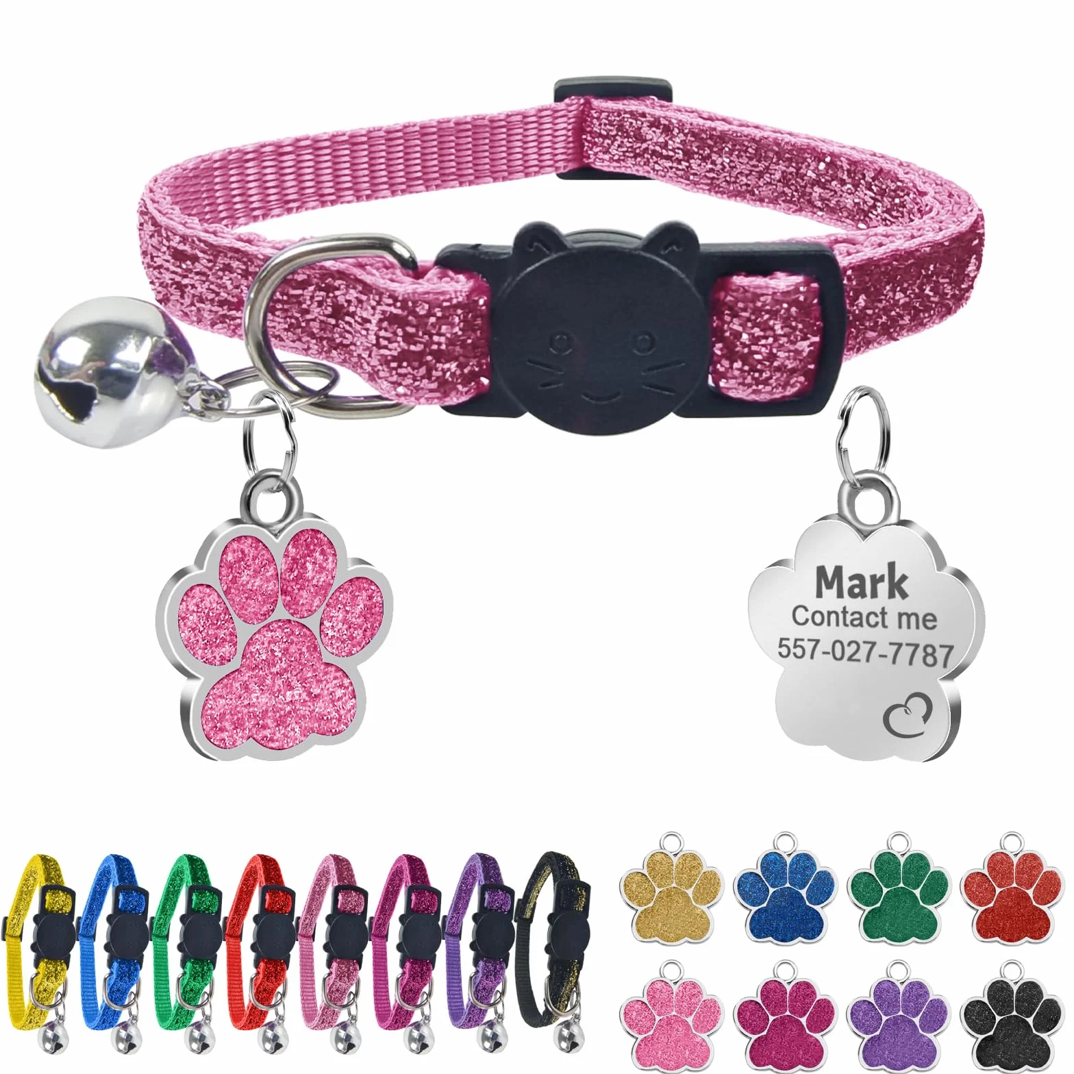 Collier Chat Personnalisable avec Médaille Gravée Anti Étranglement, Boucle Sécurité Réglable Rose
