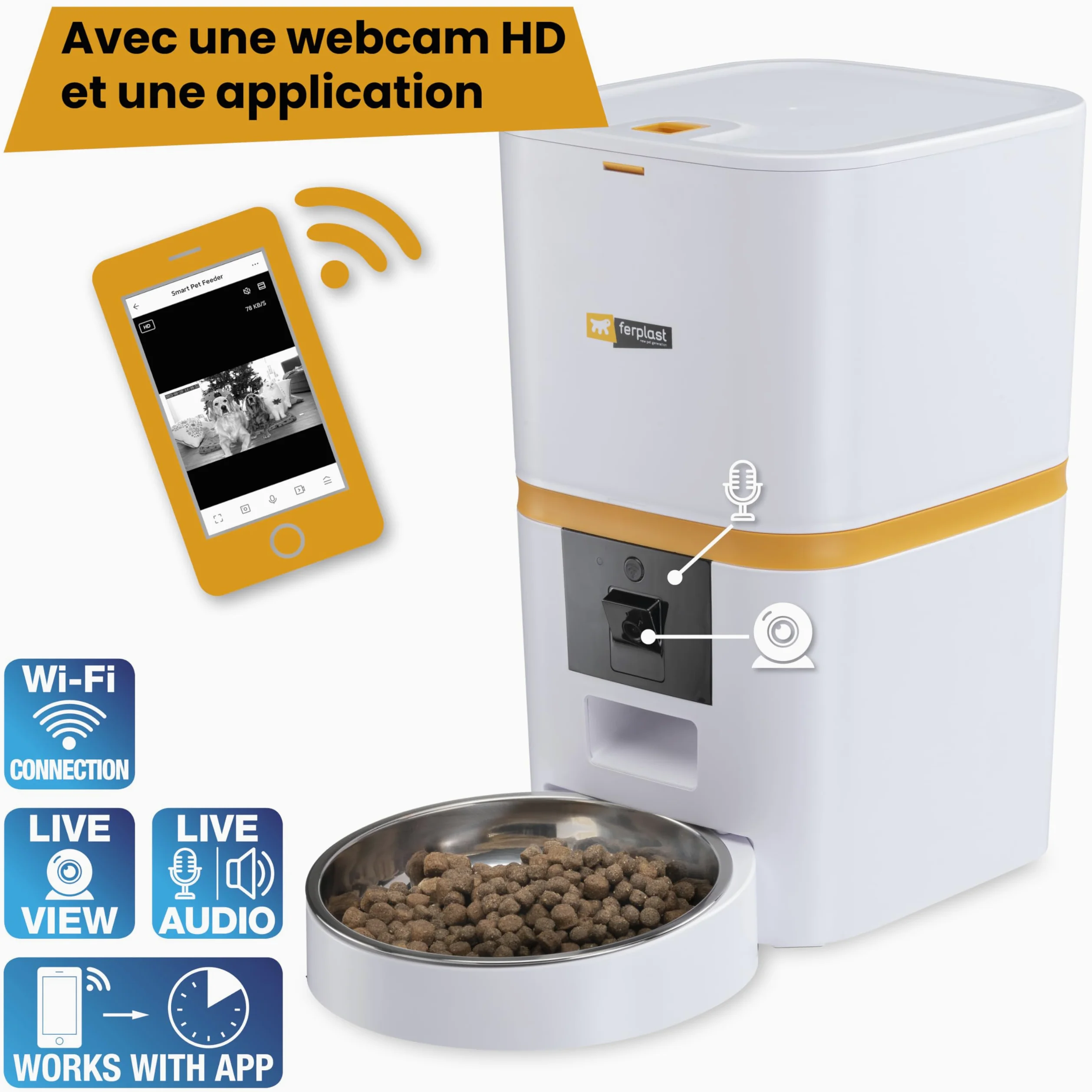 Ferplast Distributeur Croquettes Chat Automatique Risto Pet Smart Gamelle Croquettes Chien 6 L, Contrôle Via APP, Caméra Vision Nocturne, Microphone, Enregistreur Vocal, Acier Inoxydable