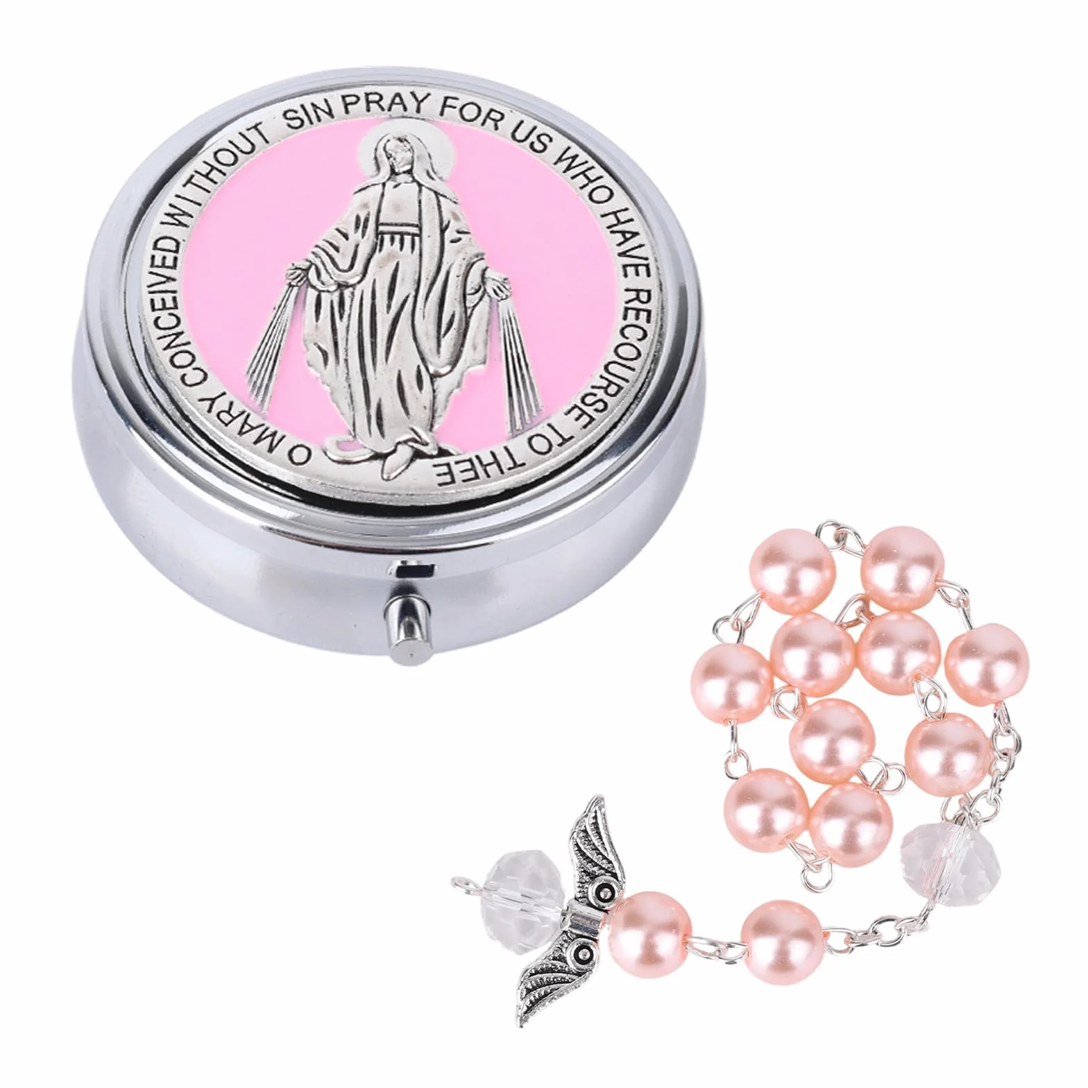 Coffret Cadeau de Baptême Mon Premier Chapelet avec Chapelet et Bracelet Ailes d'Ange Perles Catholiques Rose