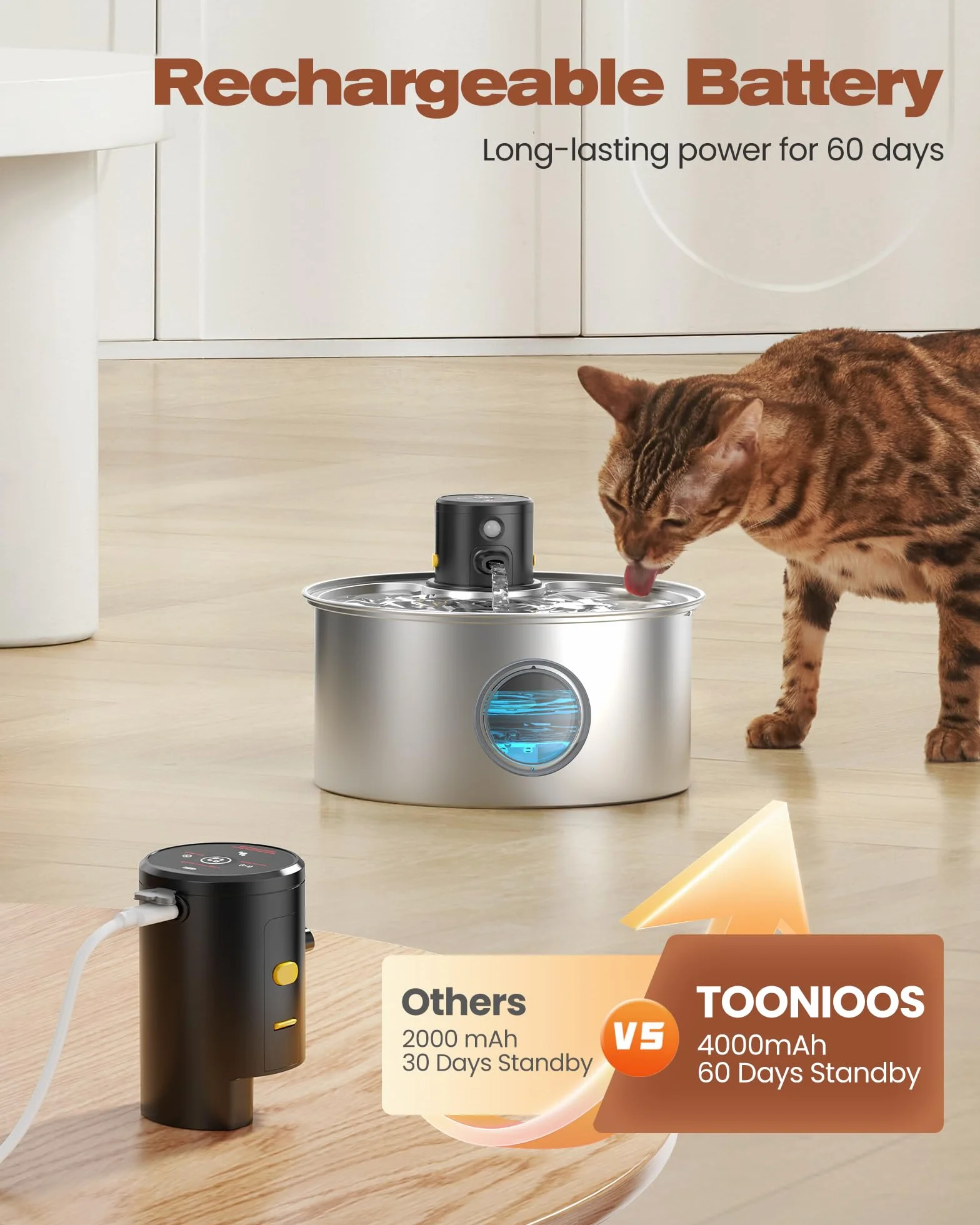 Fontaine à Eau Chat sans Fil INOX 3,2L Automatique avec Filtres
