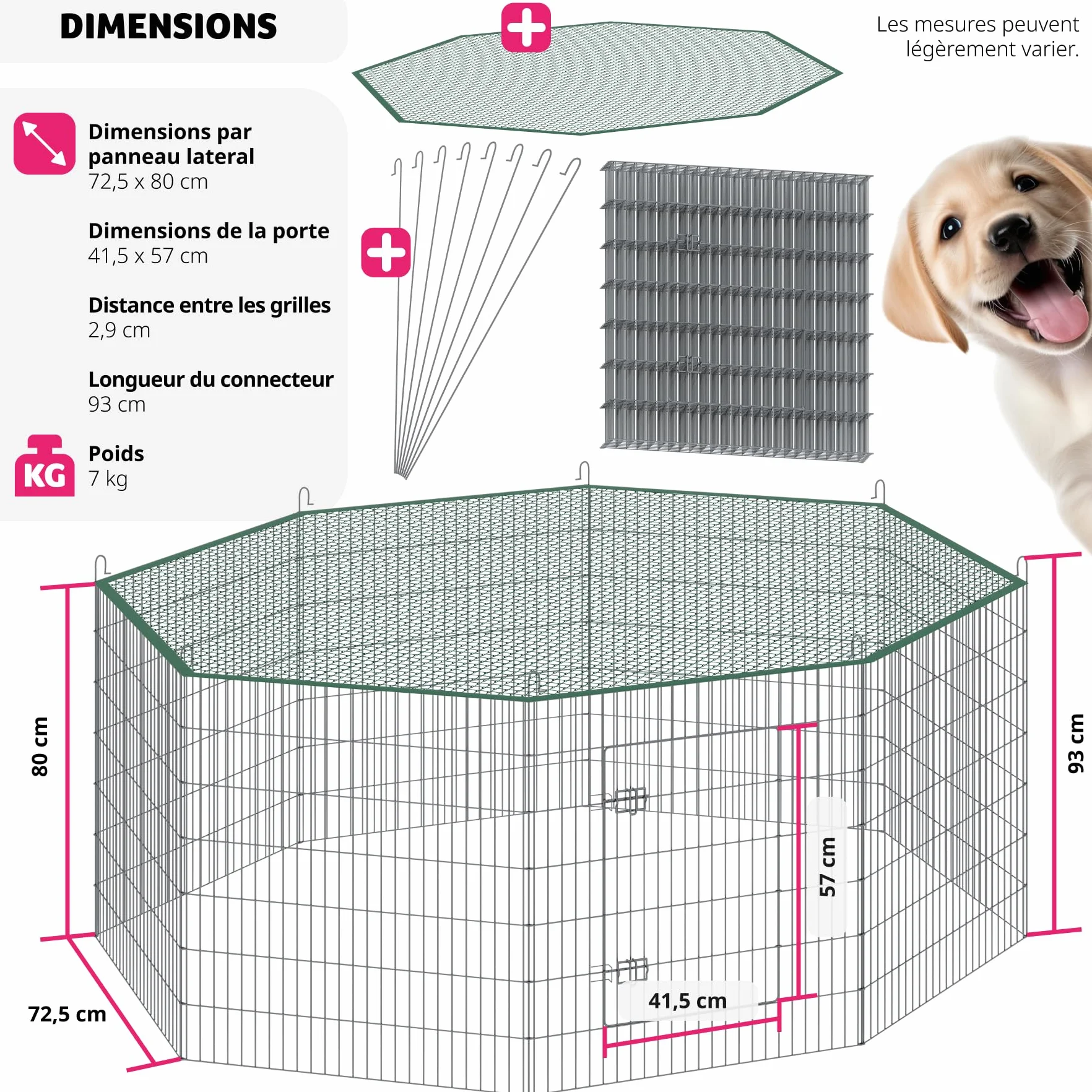 Tectake Parc pour Chien 8 pièces Grille, Porte Sécurité Double Fermeture, Clôture Extensible 204x204x93 cm