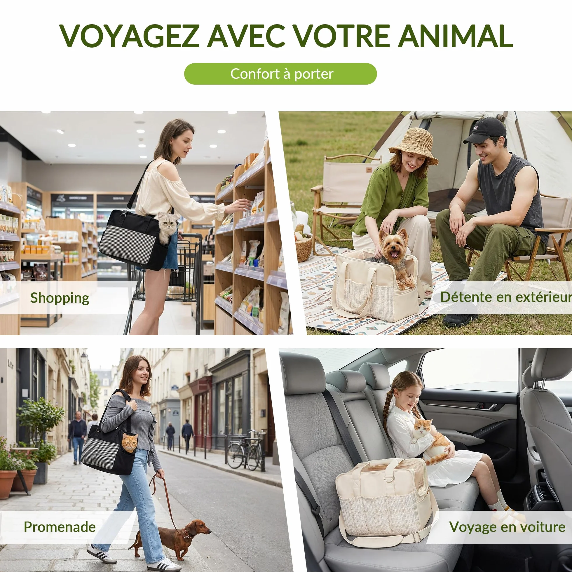 ALLSOPETS Sac de Transport pour Petit Chien et Chat, Sac Bandoulière Pliable avec Poches, Laisse de Sécurité et Coussin Amovible (Beige)