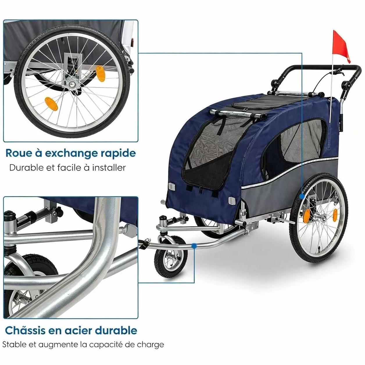 Bonnlo Remorque de Vélo pour Animaux 2-en-1, Poussette pour Chien Tout Terrain, Cadre en Acier, Charge 50kg, 155 x 82 x 106 cm