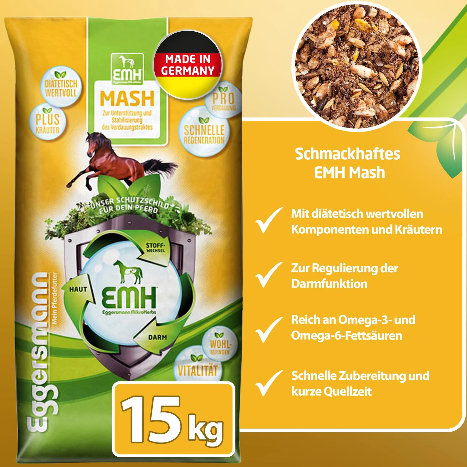 Eggersmann Mein Pferdefutter EMH Mash 15 kg Complément Alimentaire Chevaux Digestion Acides Gras