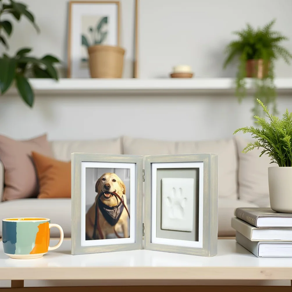 Pearhead Pet Paw Print Photo Frame with Clay Imprint Kit, Wooden Photo Frame, DIY No-Mess Pawprint Keepsake, Distressed Gray