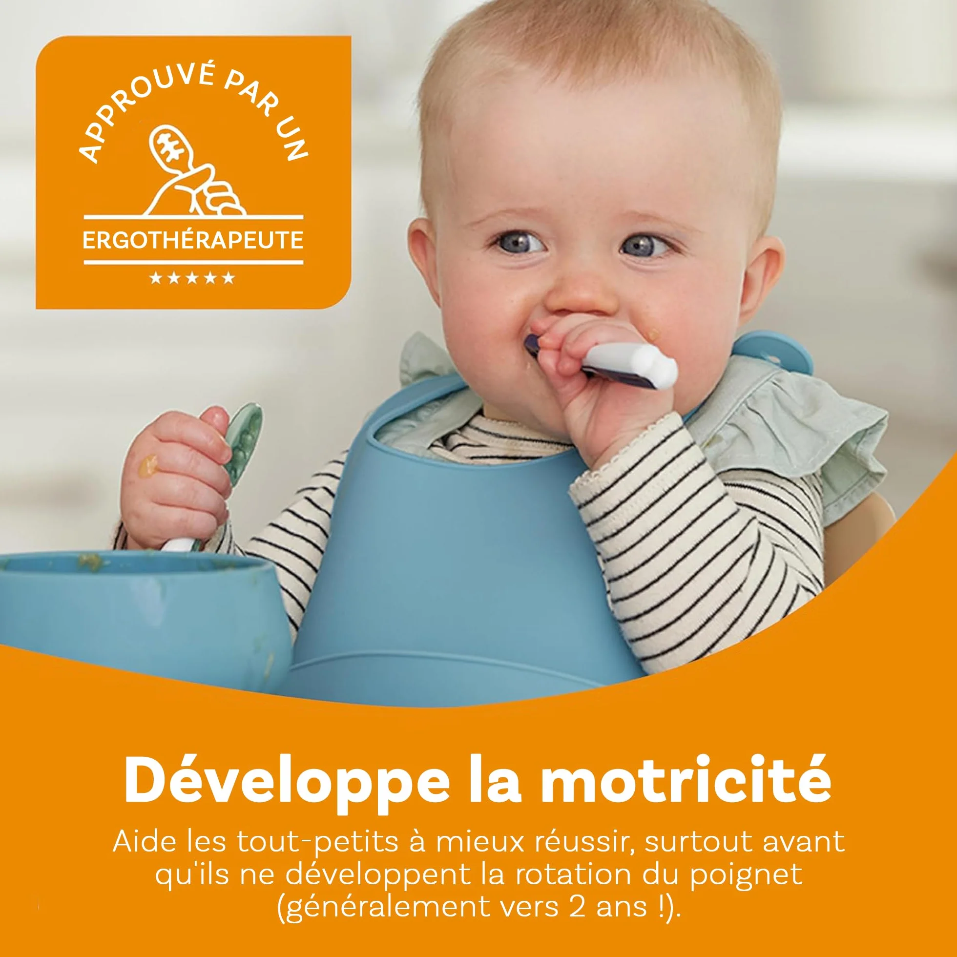 NumNum GOOtensils Cuillère Bébé 1er Âge - Étape 1+2 Silicone - Lot de 2 (Bleu/Orange)