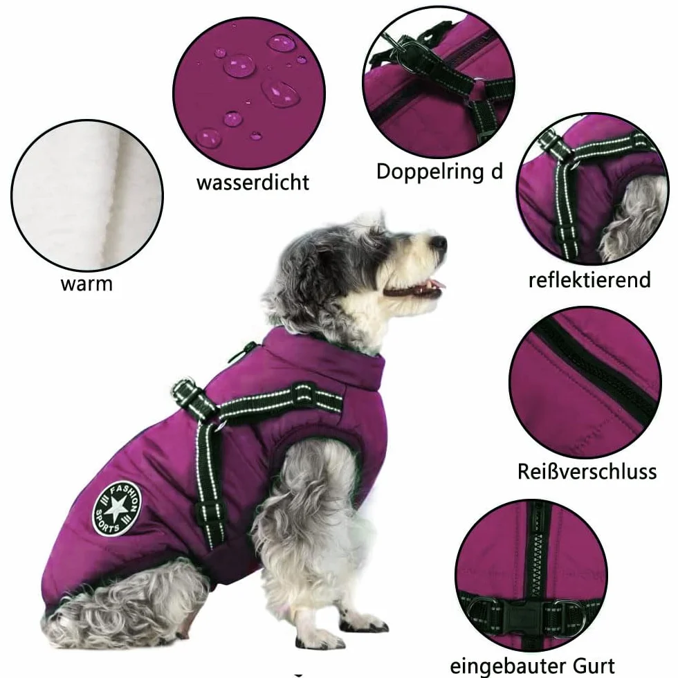 Manteau d'hiver imperméable pour chien avec harnais, bandes réfléchissantes, anneau en D durable, Violet 2XL