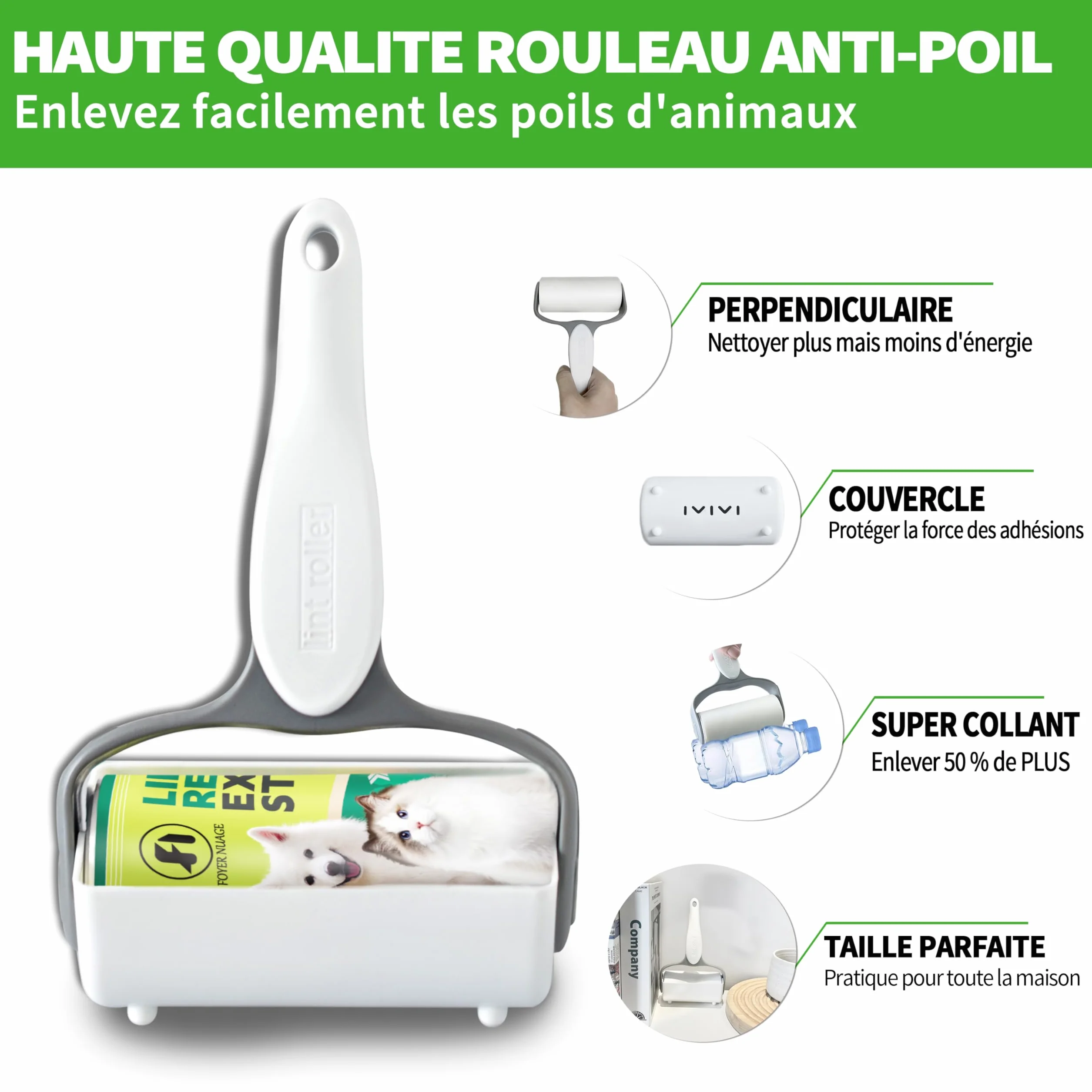 Rouleau Adhésif pour Poils d'Animaux 5 Recharges 300 Feuilles - Élimine Poils Chien Chat sur Vêtements Canapé