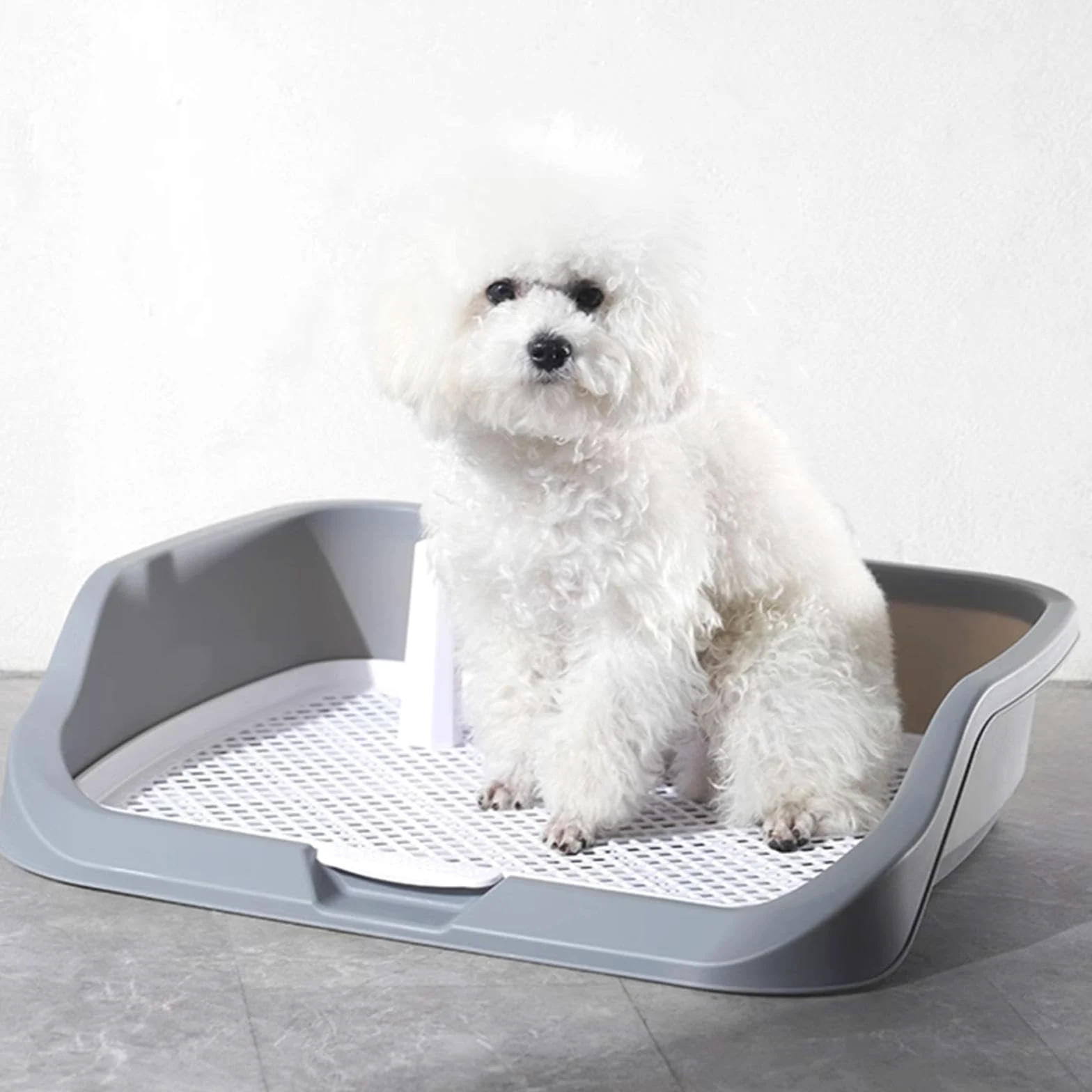 Plateau d'apprentissage de La Propreté pour Chiots, Support pour Tapis d'apprentissage avec Grille Facile à Nettoyer et Barrière de Protection, Grise