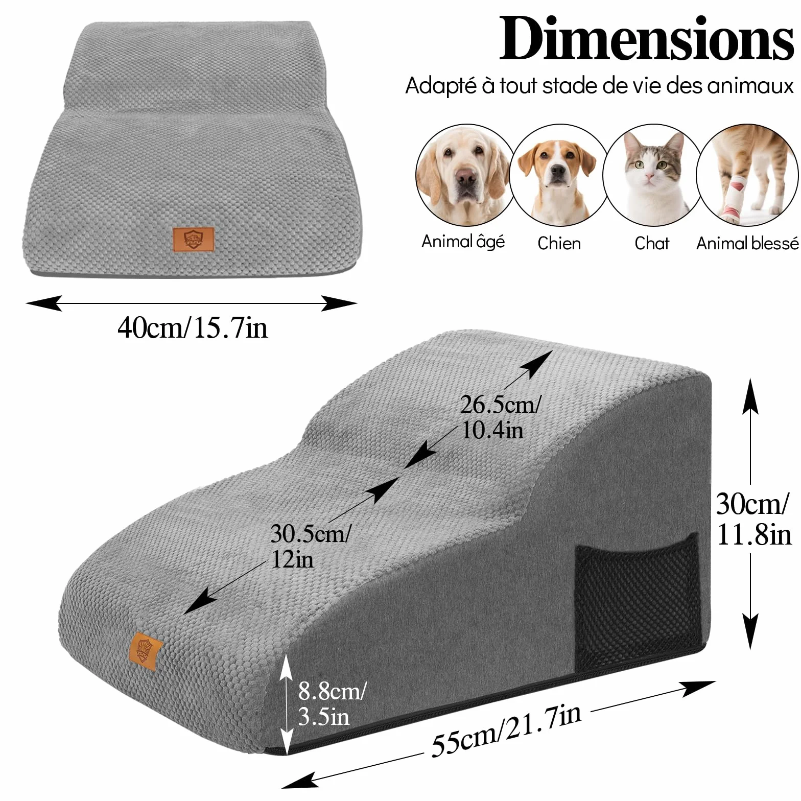 MASTERTOP Escaliers pour Chiens 2 Marches Étendus Mousse Antidérapant Housse Amovible Lavable Gris