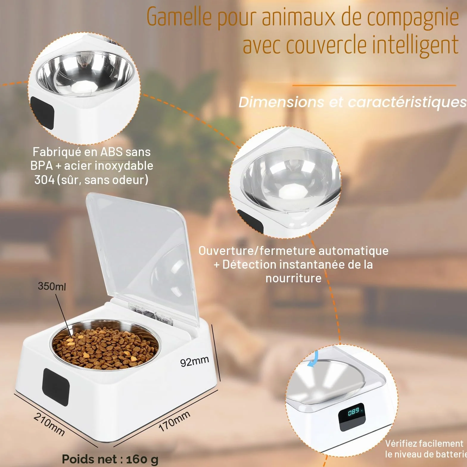 Distributeur Nourriture Humide Chat Ouverture Intelligente à Induction Automatique Croquettes Bassin Alimentaire Amovible