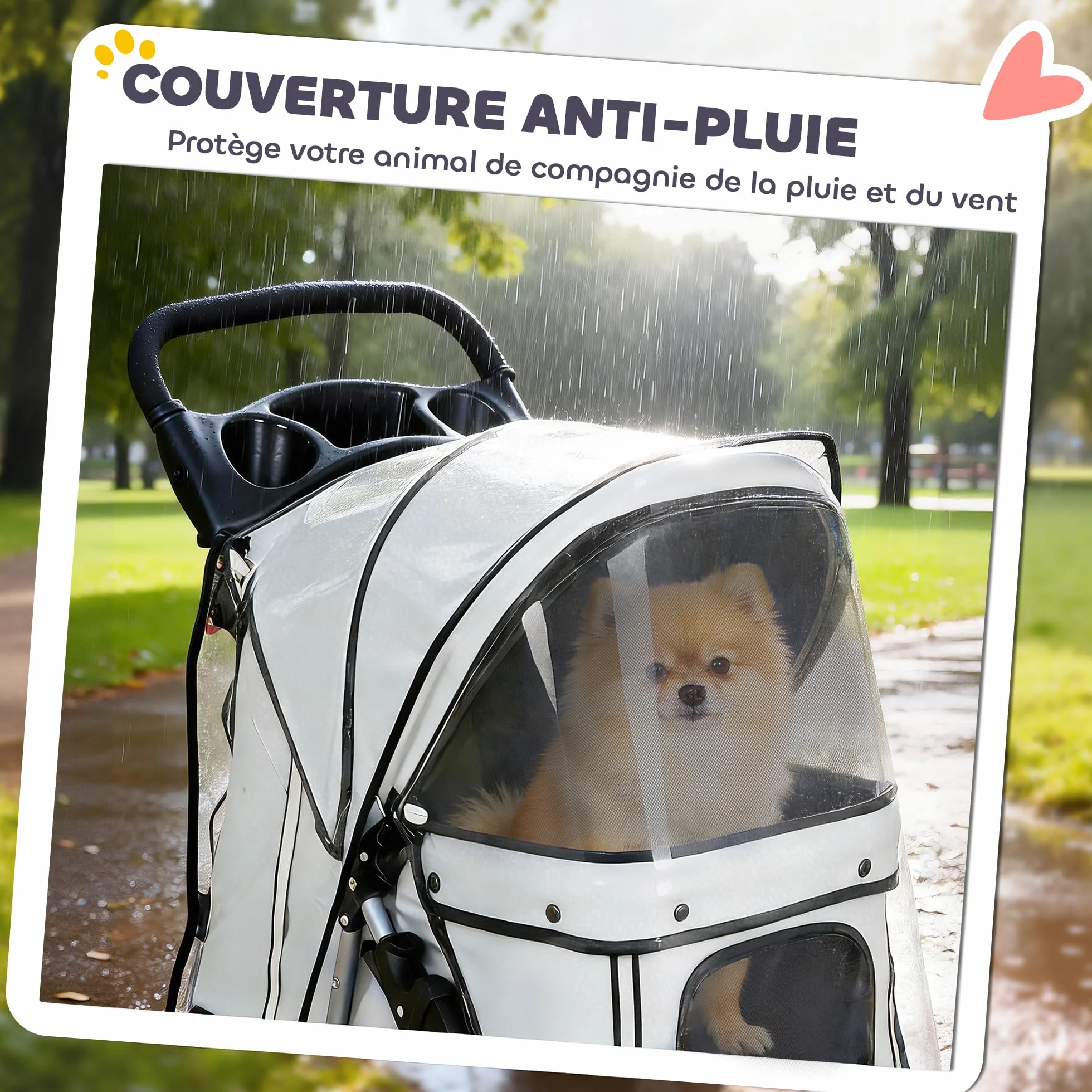 PawHut Poussette buggy pliable animaux chariot pliante imperméable chien chat toit amovible incluse porte-gobelet panier de rangement roues avec frein tissu 600D Oxford acier gris