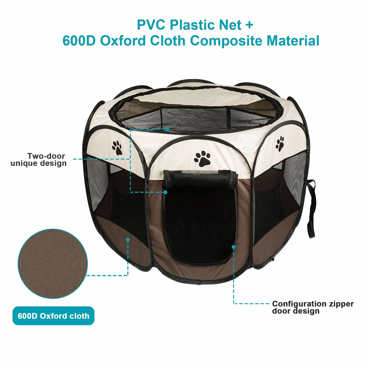 Parc pour Chien Pliable en Tissu Oxford pour Petits Animaux Intérieur Extérieur avec Sac de Transport Café S
