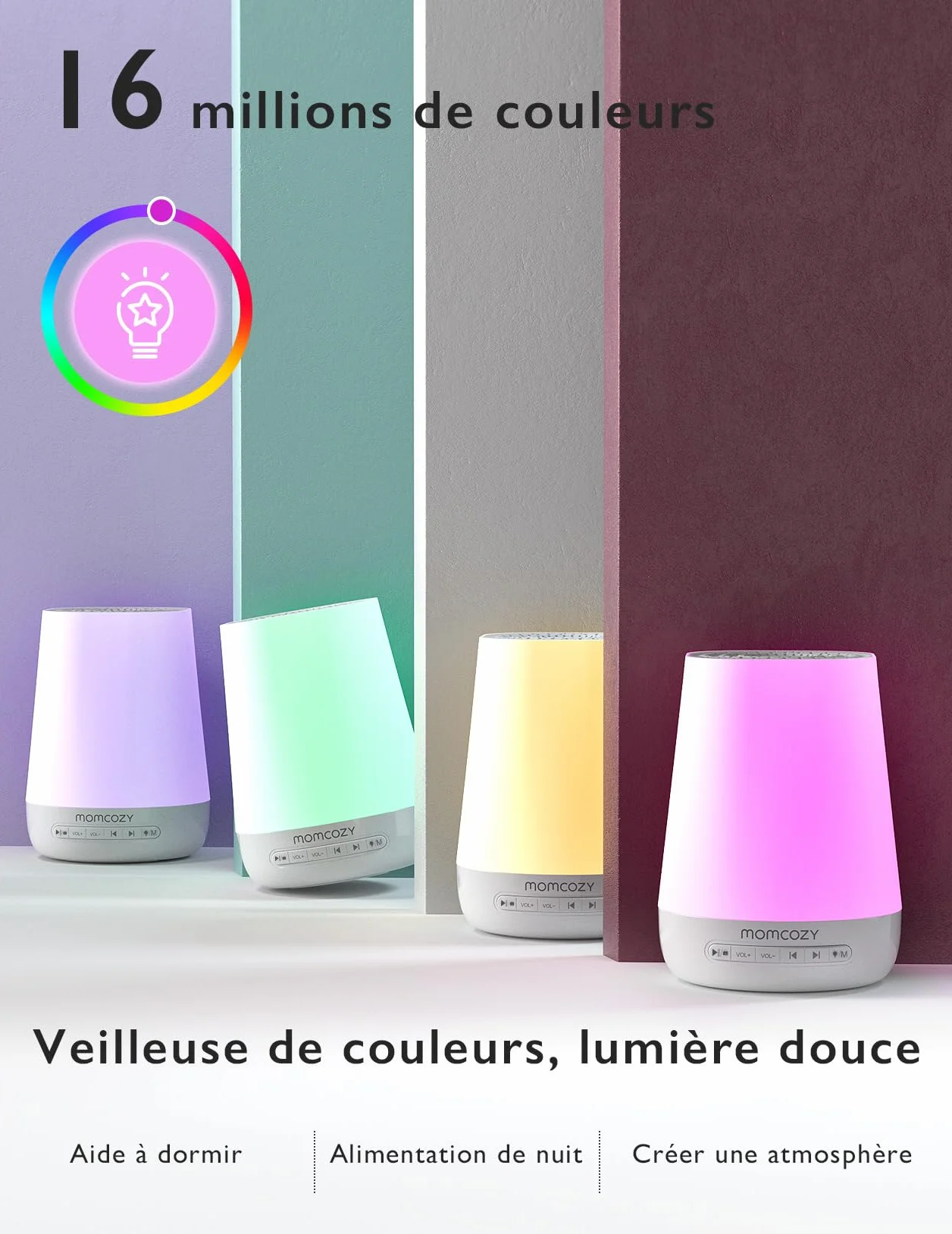Momcozy Machine à Bruit Blanc Portable avec 34 Sons, Veilleuse 7 Couleurs, Contrôle APP DB03