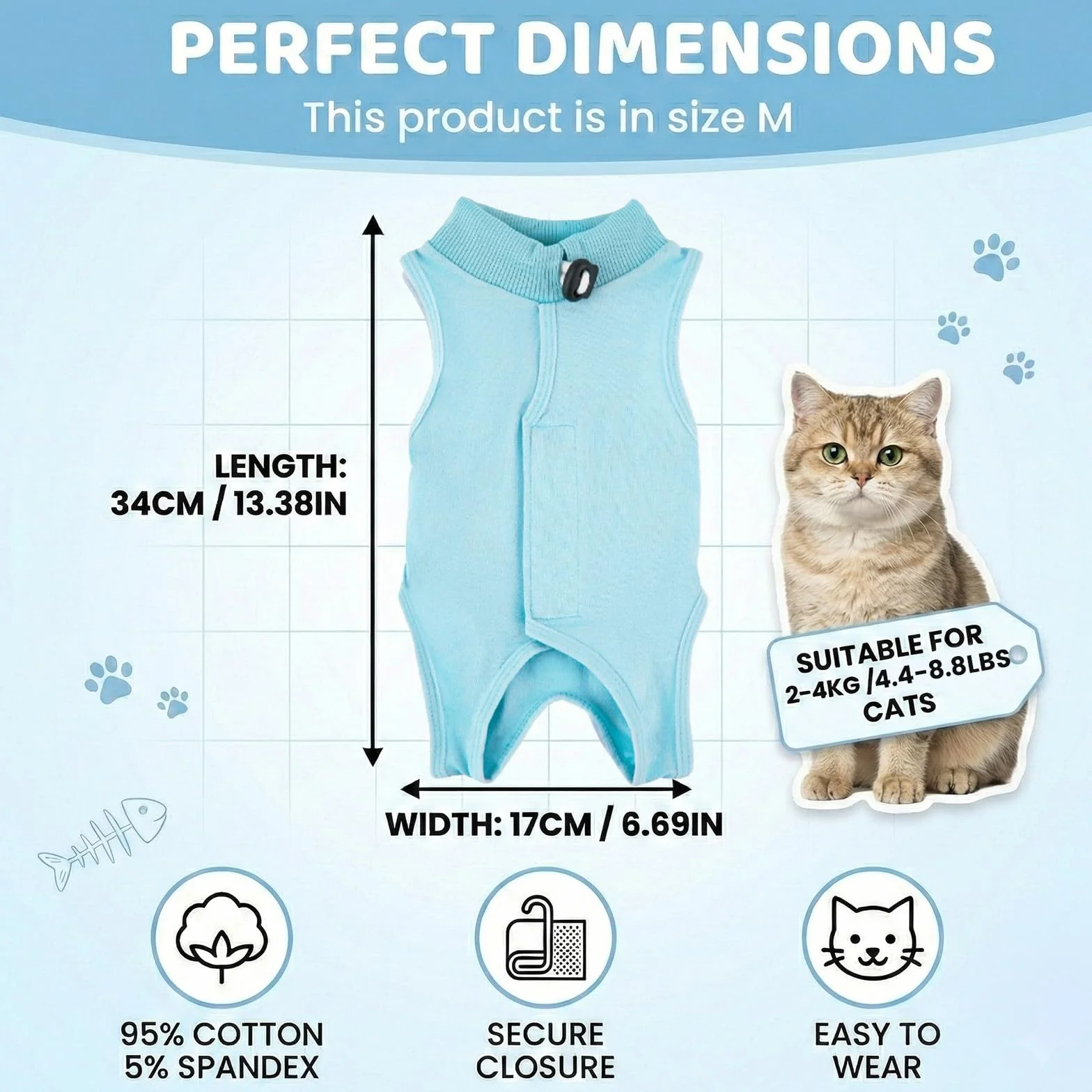 Body pour Chat après Stérilisation, Anti-léchage Post-opératoire, Plaies Abdominales (Bleu, M)