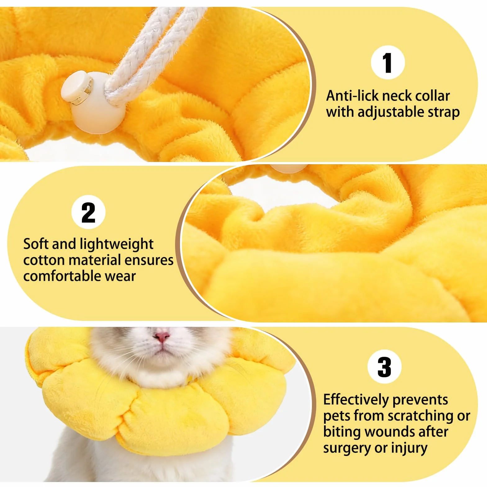 Colerette Chat Anti Lechage, Adjustable Fleurie, Confortable Souple pour Post-Opératoire, Hygiène et Anti-Parasites Extérieurs - Jaune, M