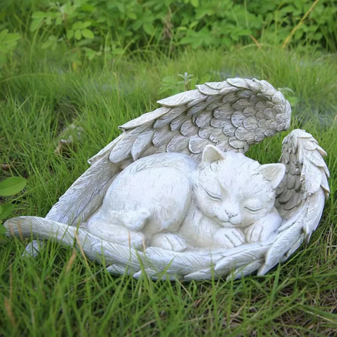 Statue Pierre Commémorative Animaux Resin Chat Endormi Aile d'Ange