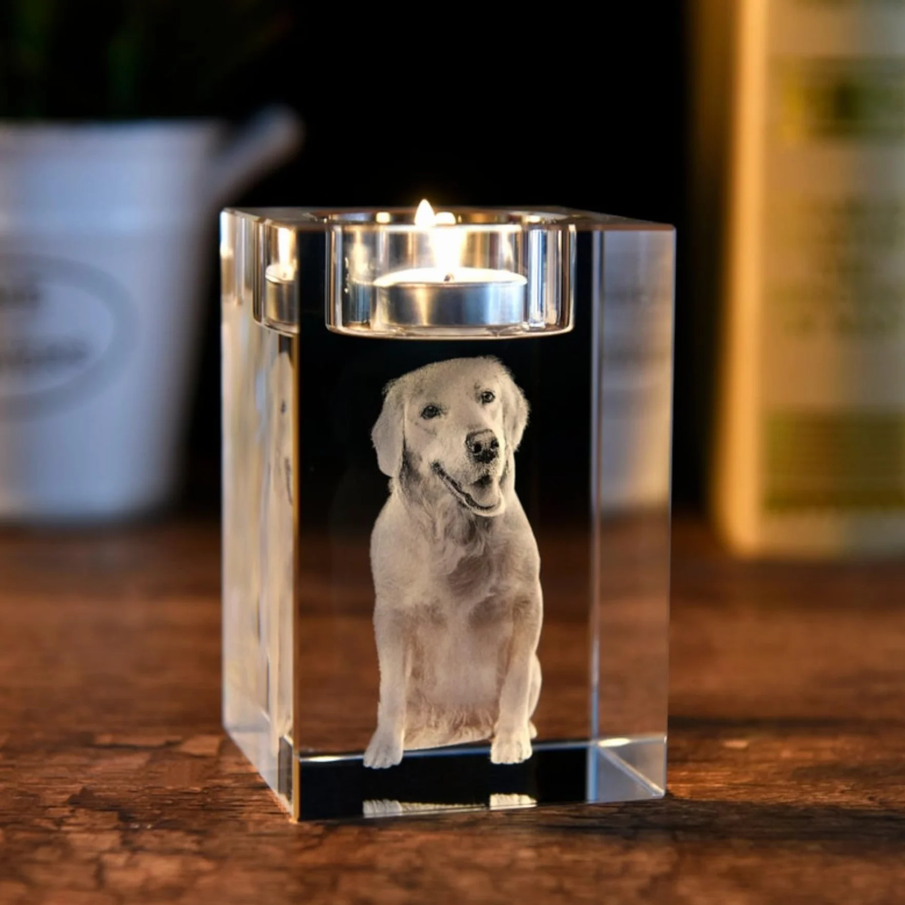 Portrait d'animal domestique 3D personnalisé, photo en cristal gravée, bougeoir commémoratif, cadeau de perte d'animal