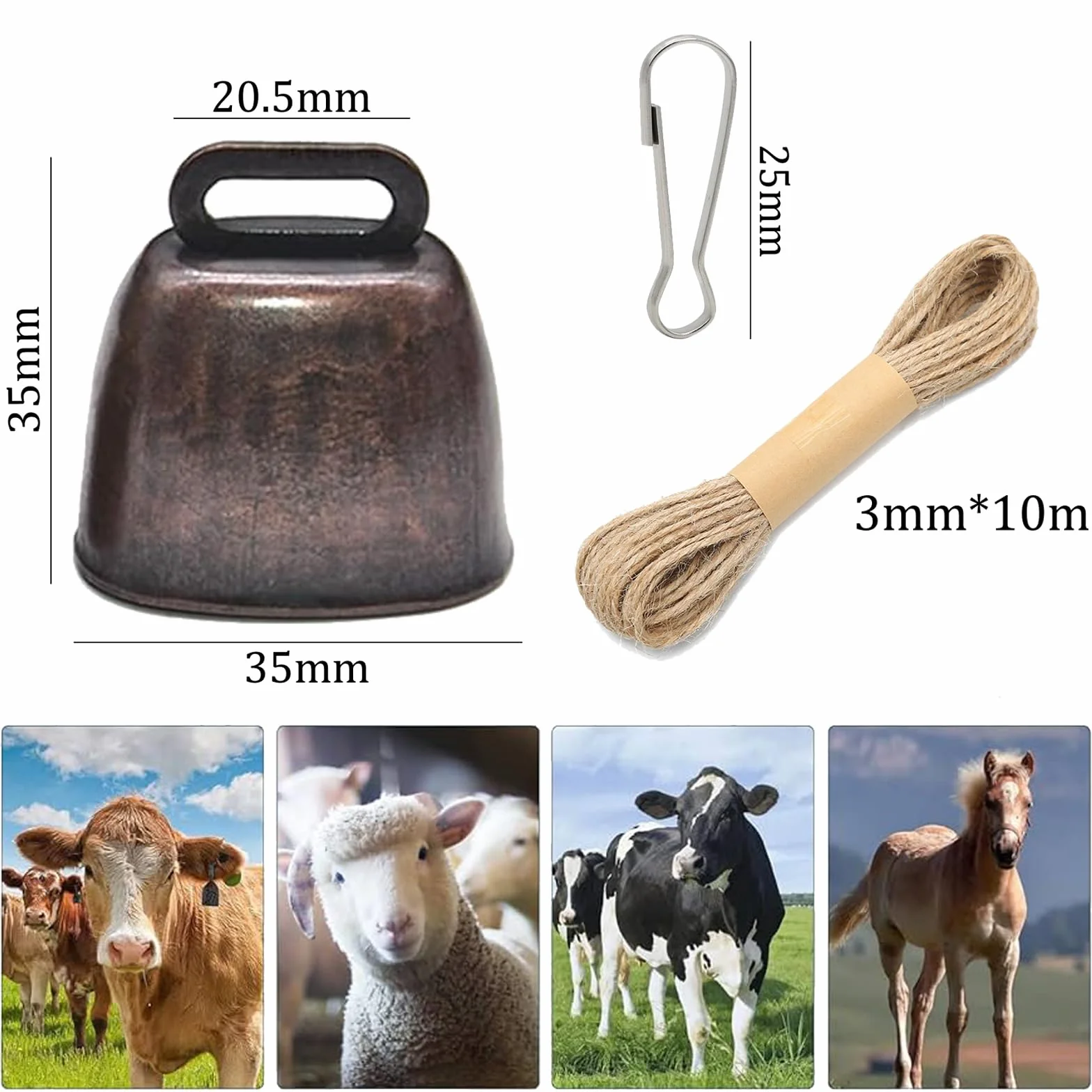 Clochette de Vache en Cuivre et Bronze avec 10 Boucles Métalliques et 20 M de Ficelle de Chanvre pour Bovins